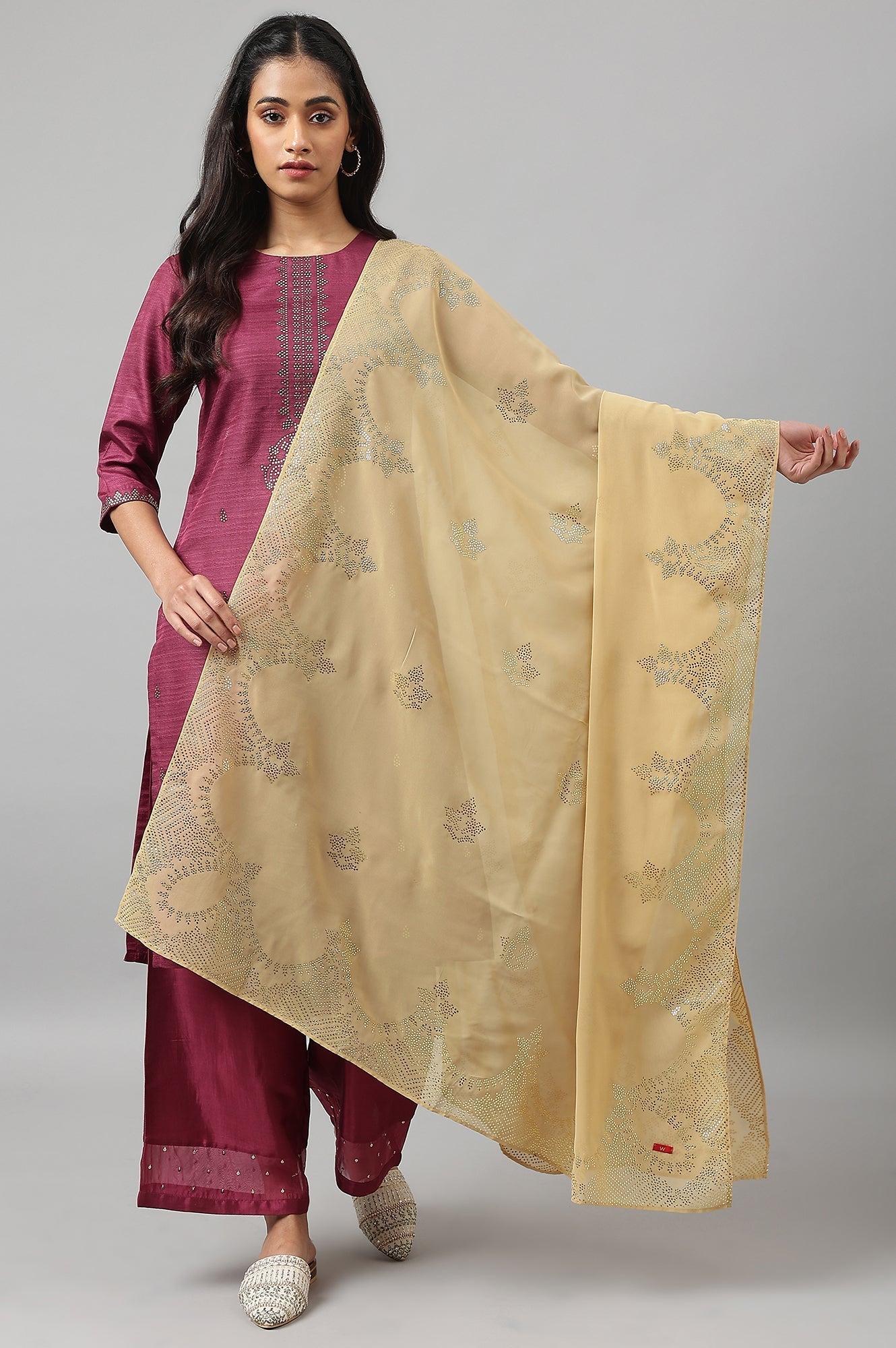 W for Woman Golden Grainy Georgette Mukaish Dupatta