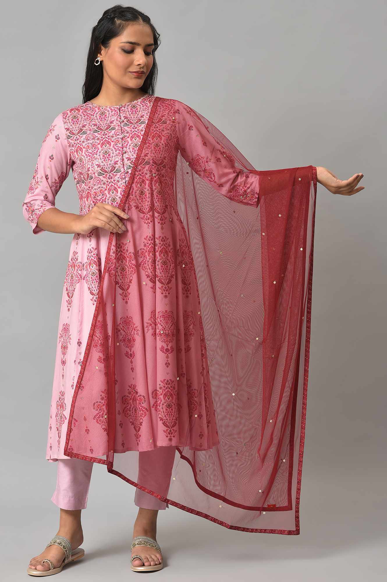 W for Woman Maroon Mesh Dupatta With Printed Border