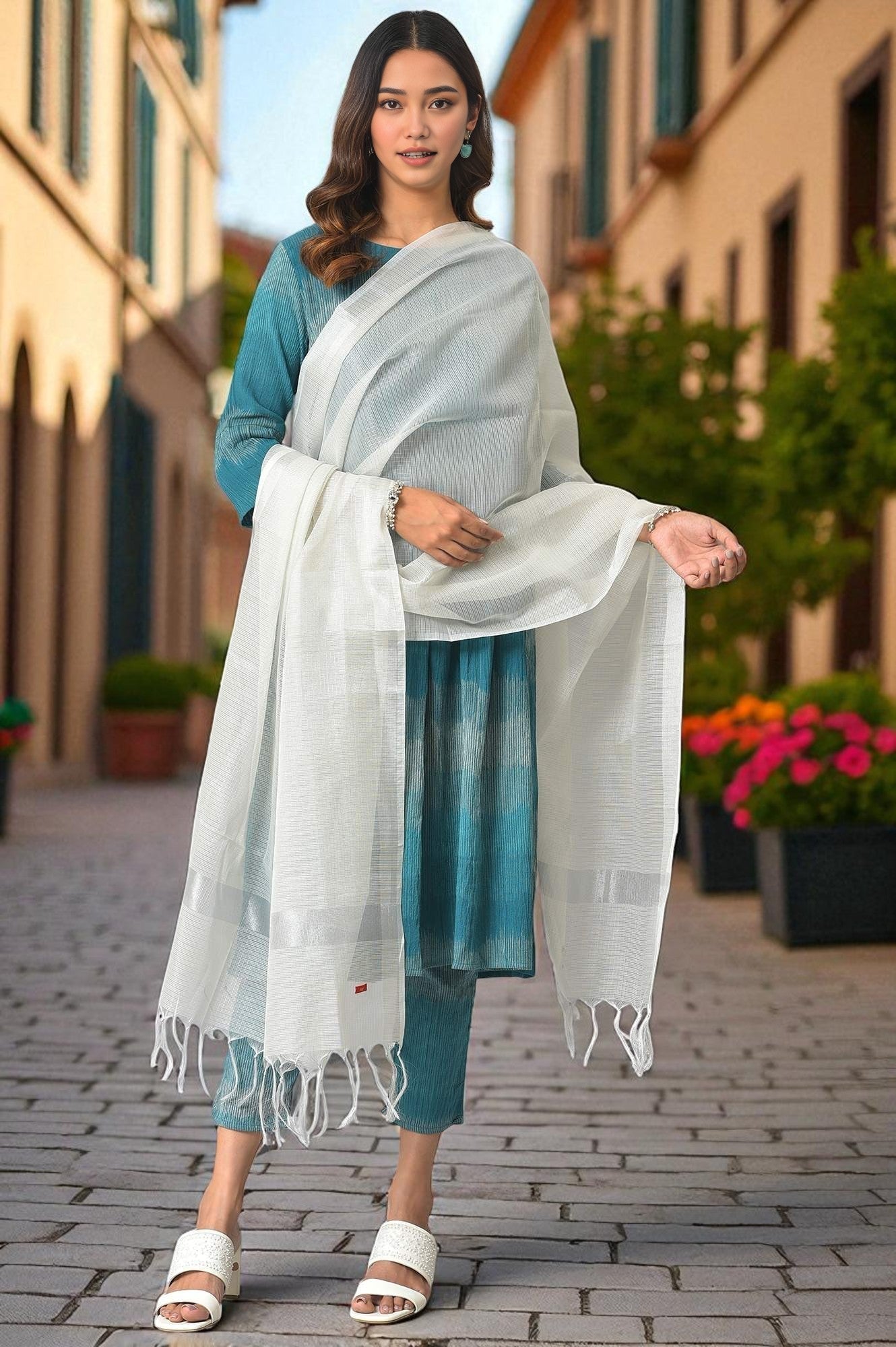 W for Woman Silver Solid Kota Dupatta