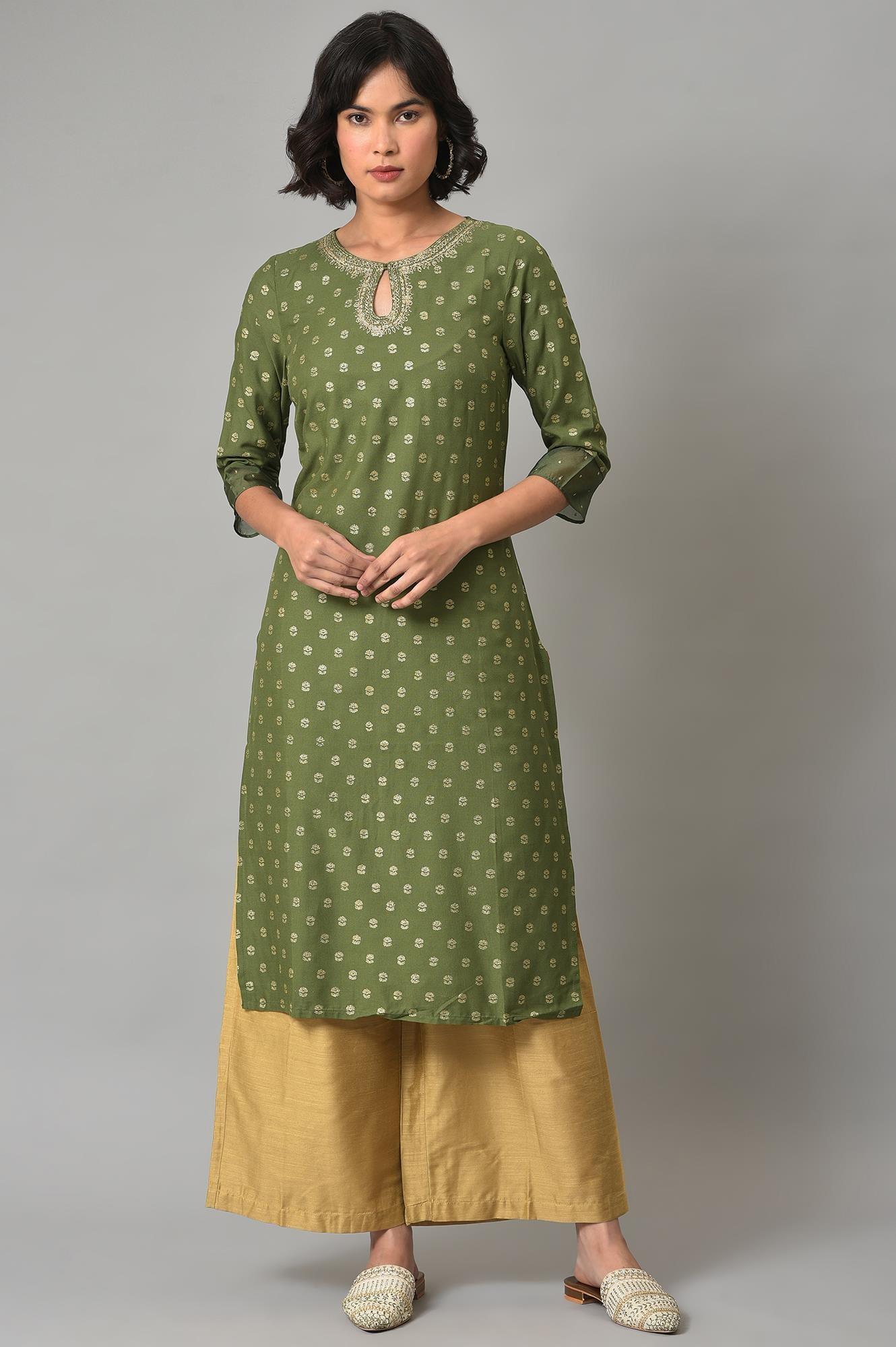 W for Woman Olive Green Embroidered Viscose Blend Kurta with Gold Parallel Pants Set