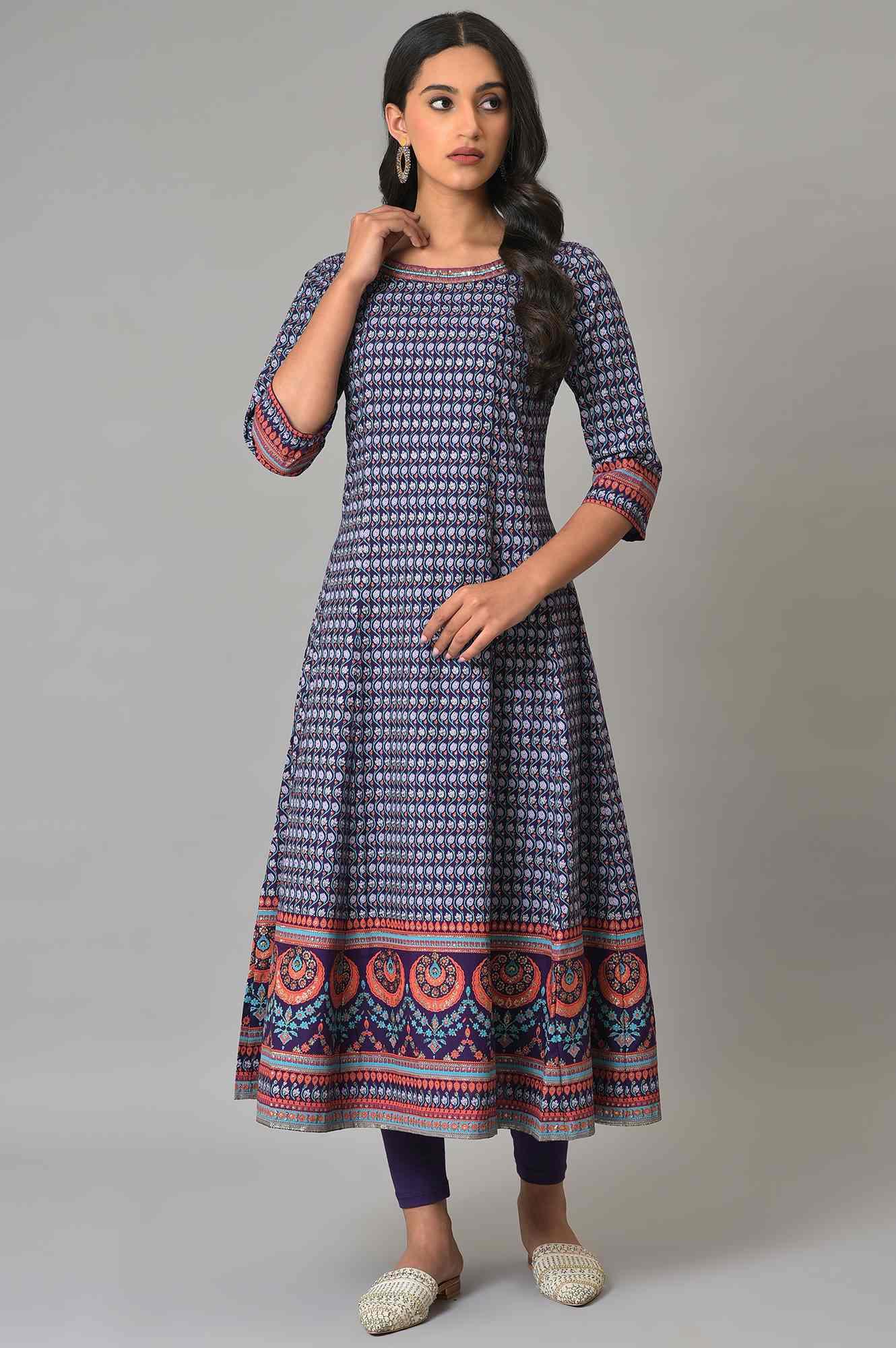 W for Woman Purple Printed Kalidar kurta With Tights