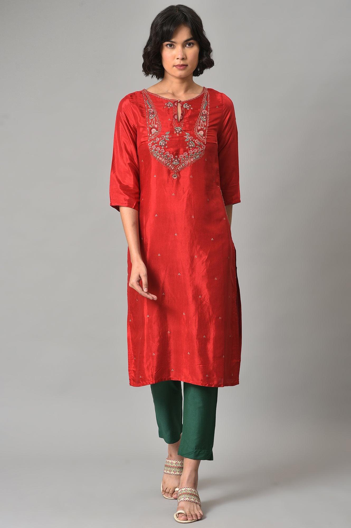 W for Woman Red Embroidered Shantung kurta