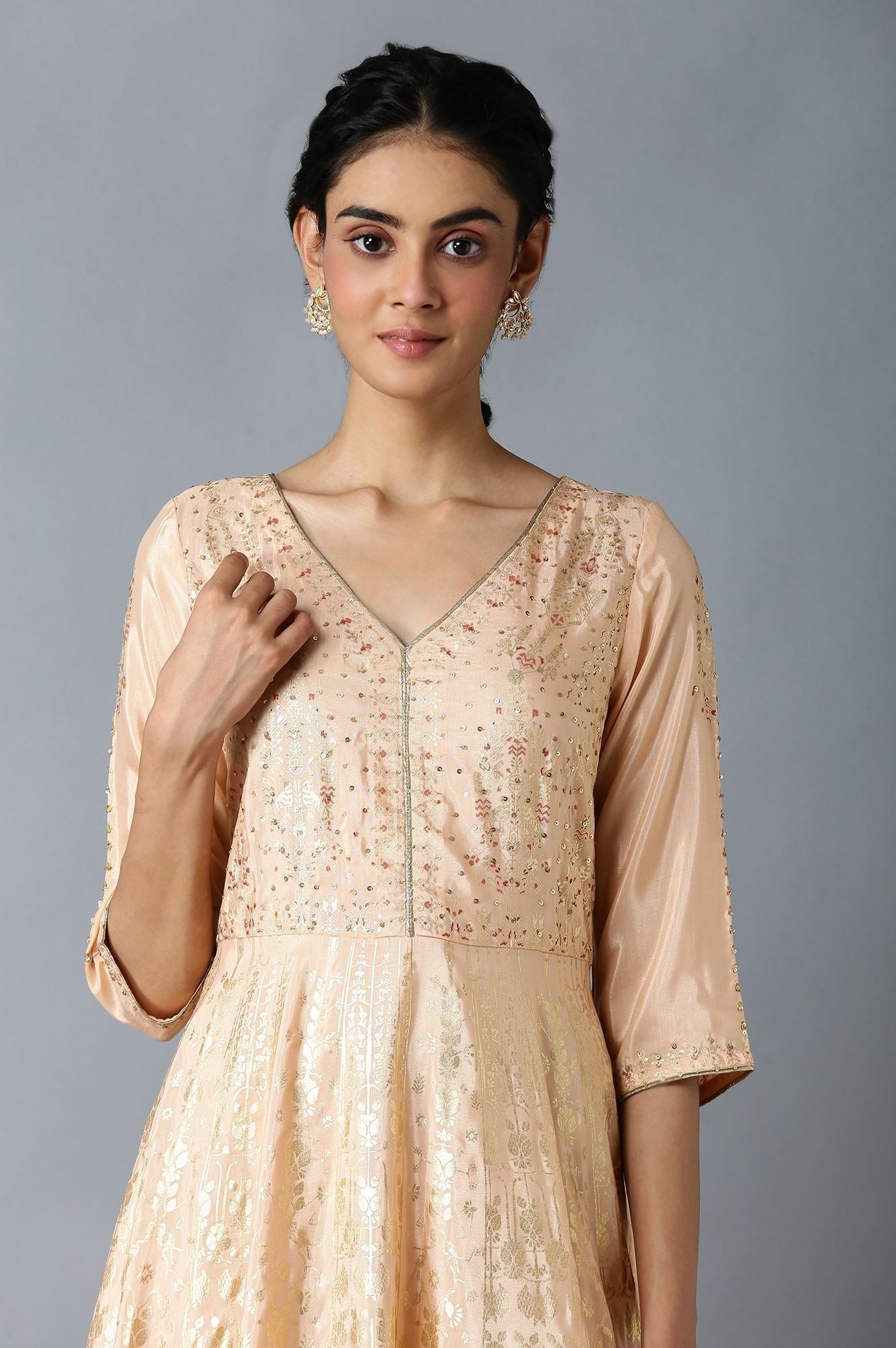 W for Woman Peach Floral Printed Long Flared Dress