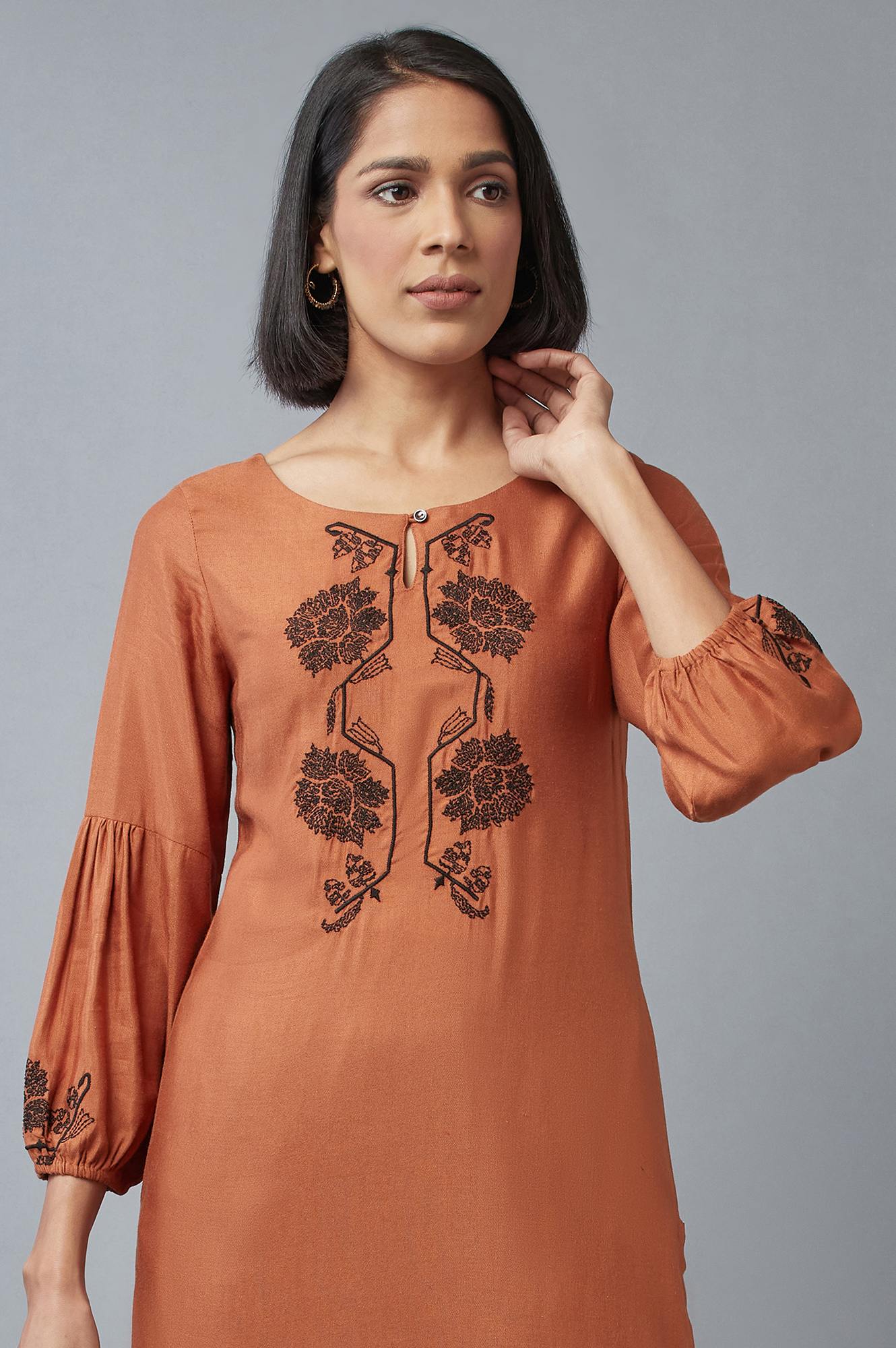 W for Woman Rust Brown Embroidered kurta