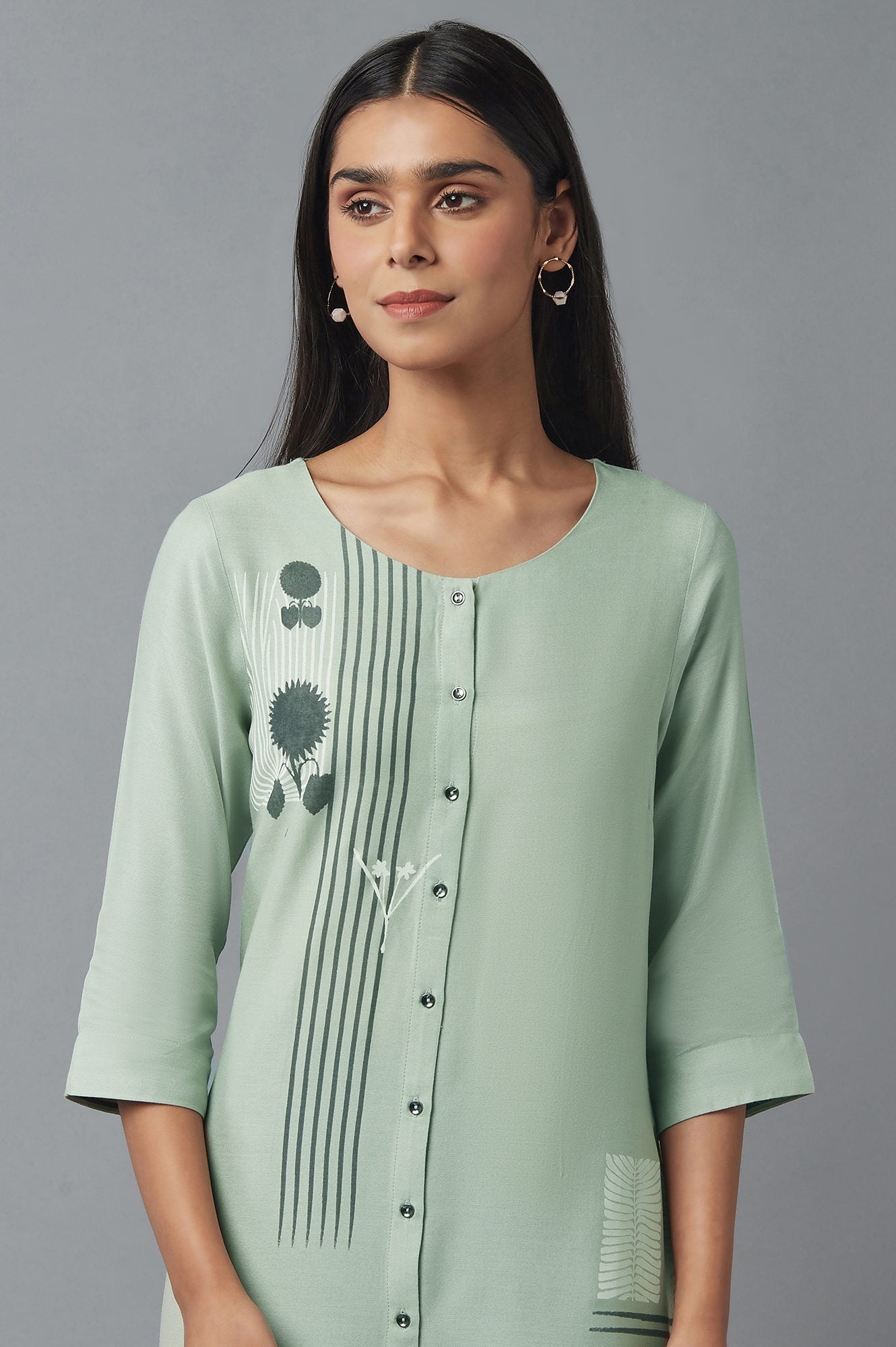 W for Woman Green Button Down Printed kurta