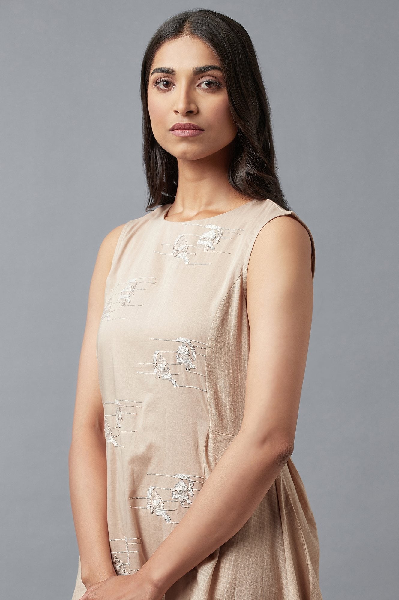 W for Woman Beige Embroidered Cowl Dress In Round Neck