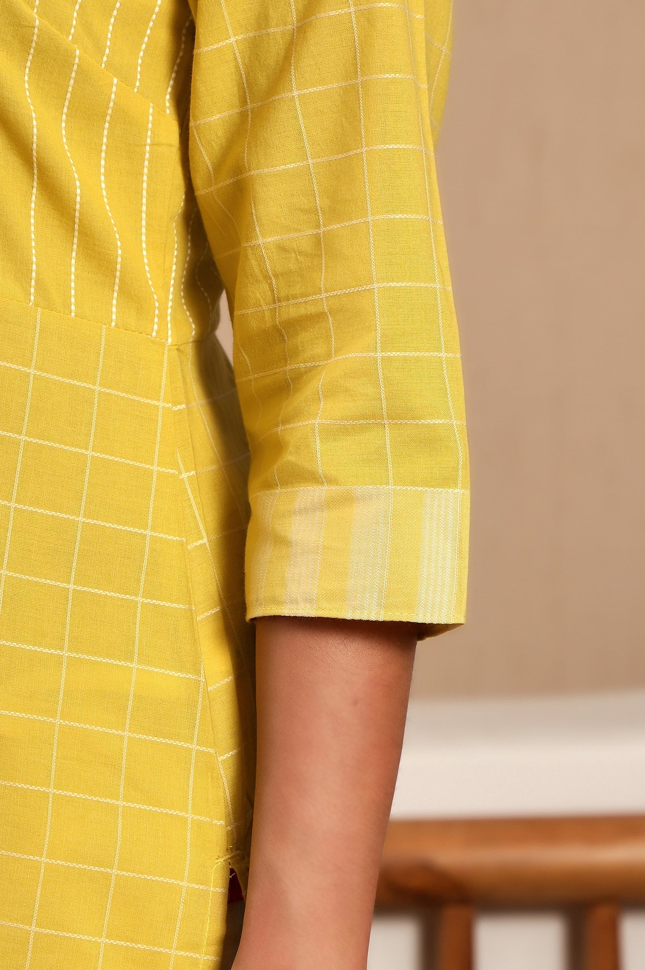 W for Woman Yellow Stripe Printed Pure Cotton Mandarin Collar Straight Kurta