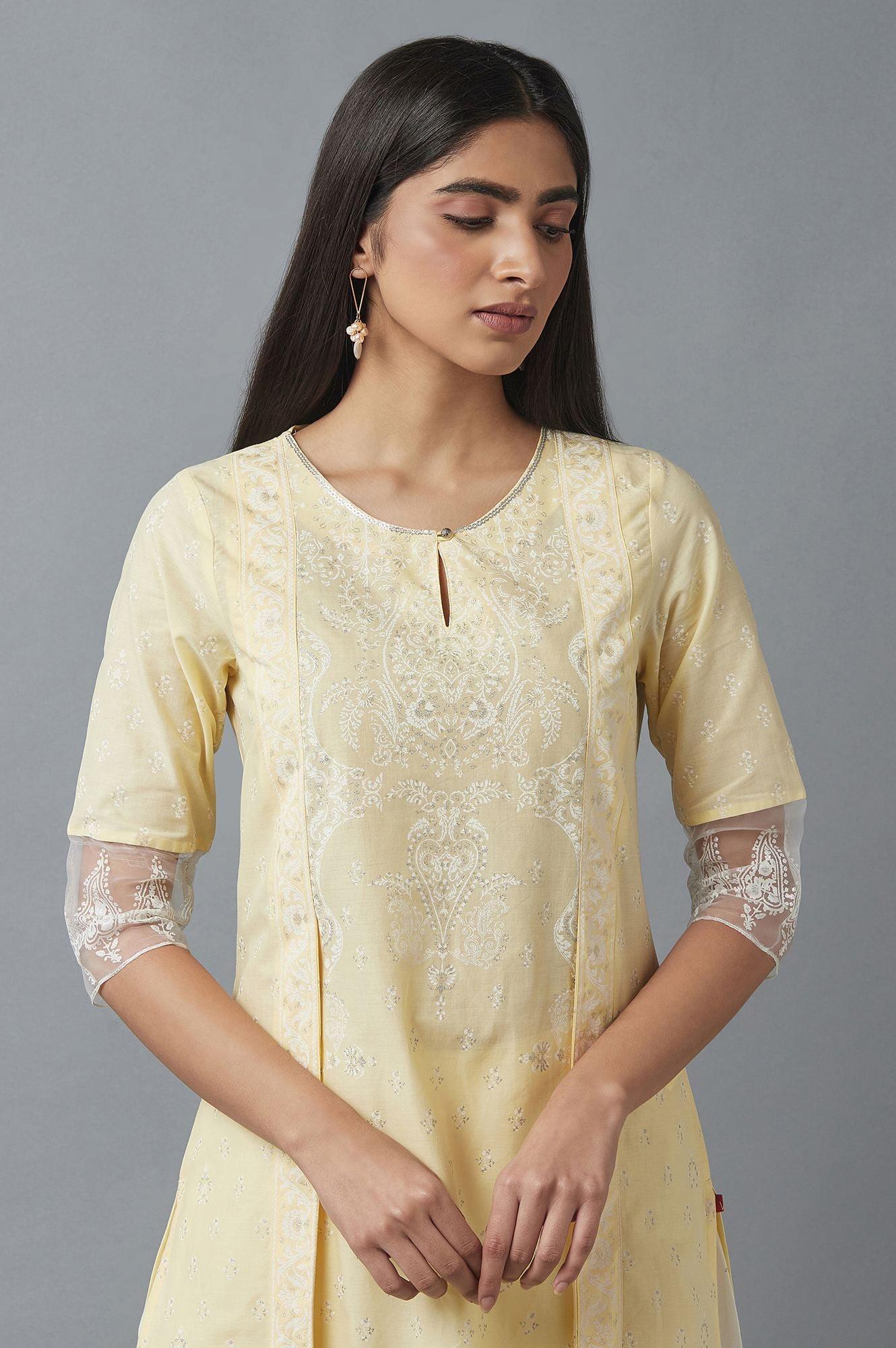 W for Woman Yellow Mock Layer Printed kurta