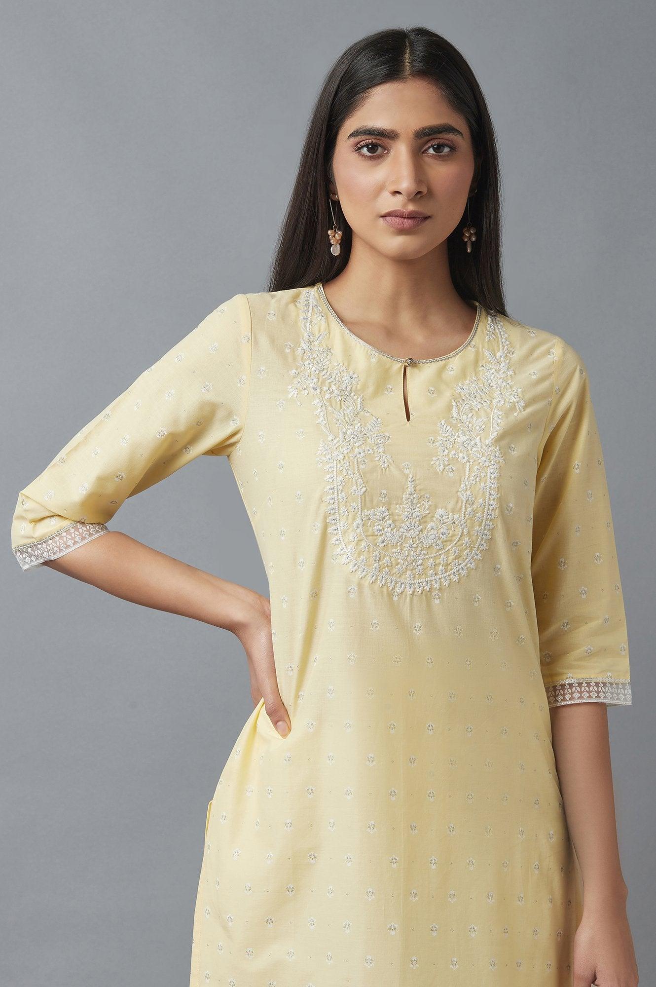 W for Woman Yellow Embroidered kurta with Brasso Panels