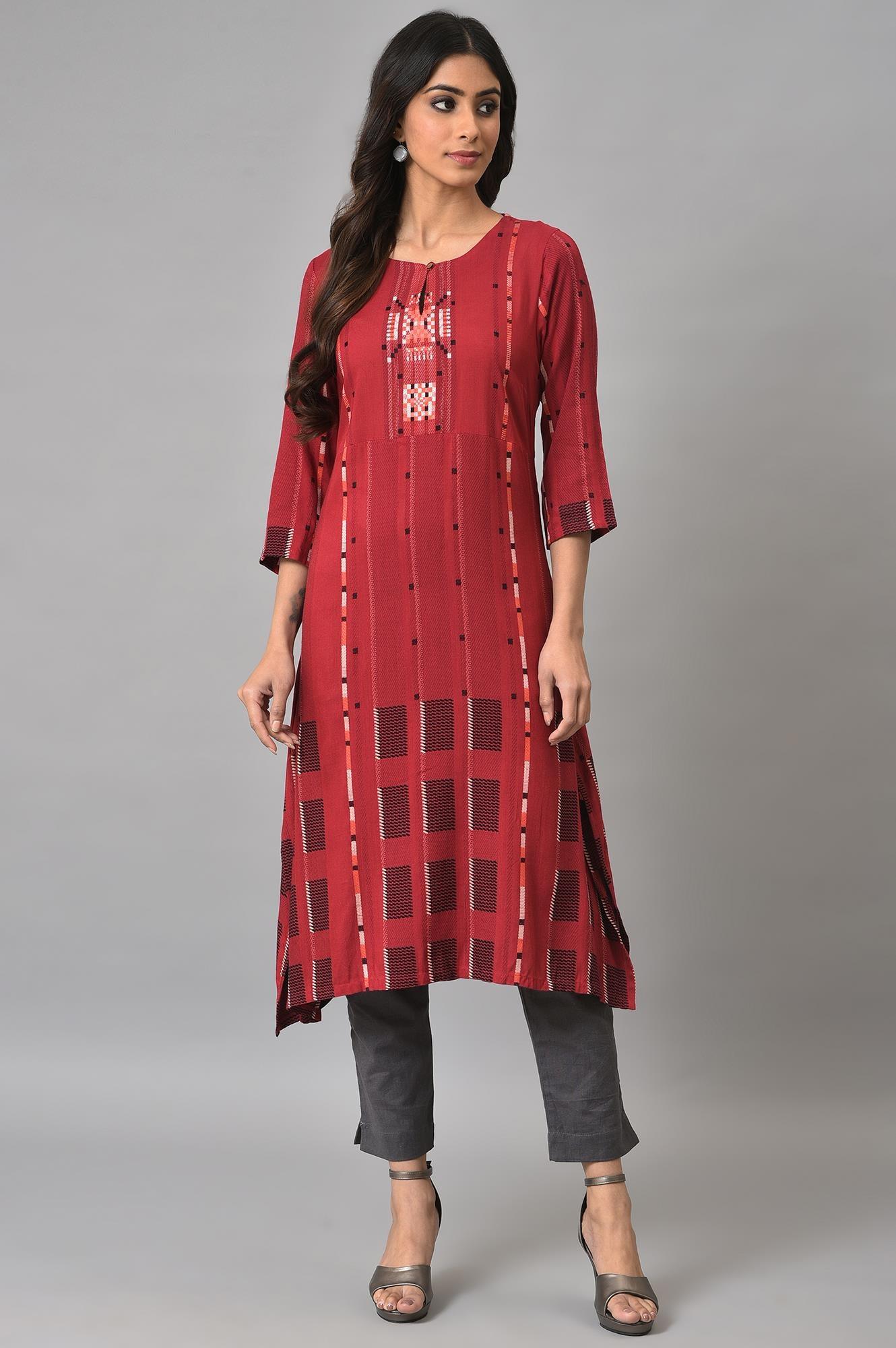 W for Woman Tango Red Rayon Dobby kurta