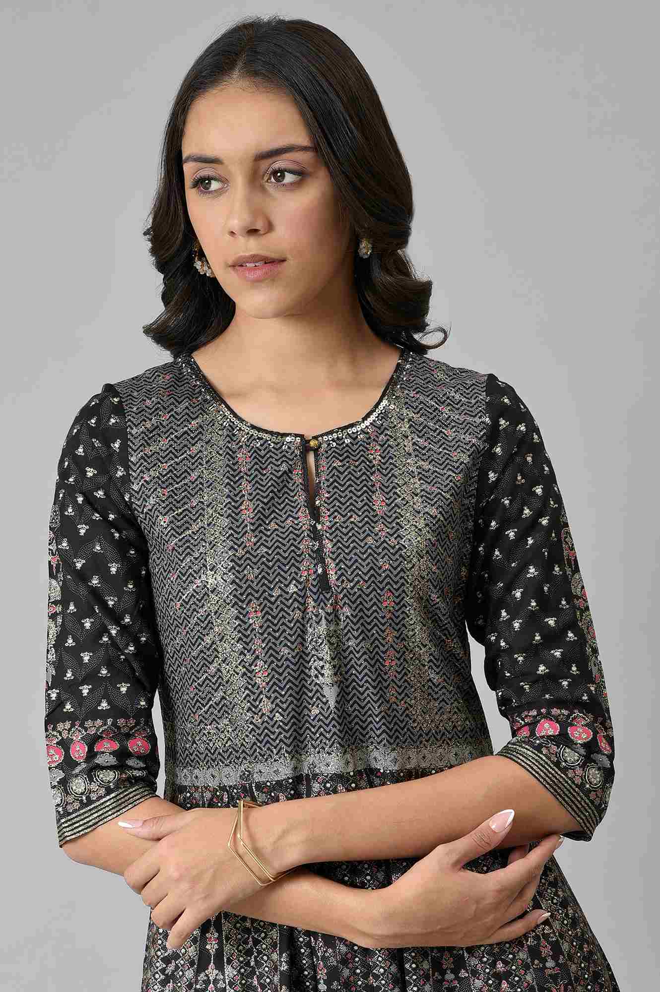 W for Woman Black Floral Printed Kalidar Dress