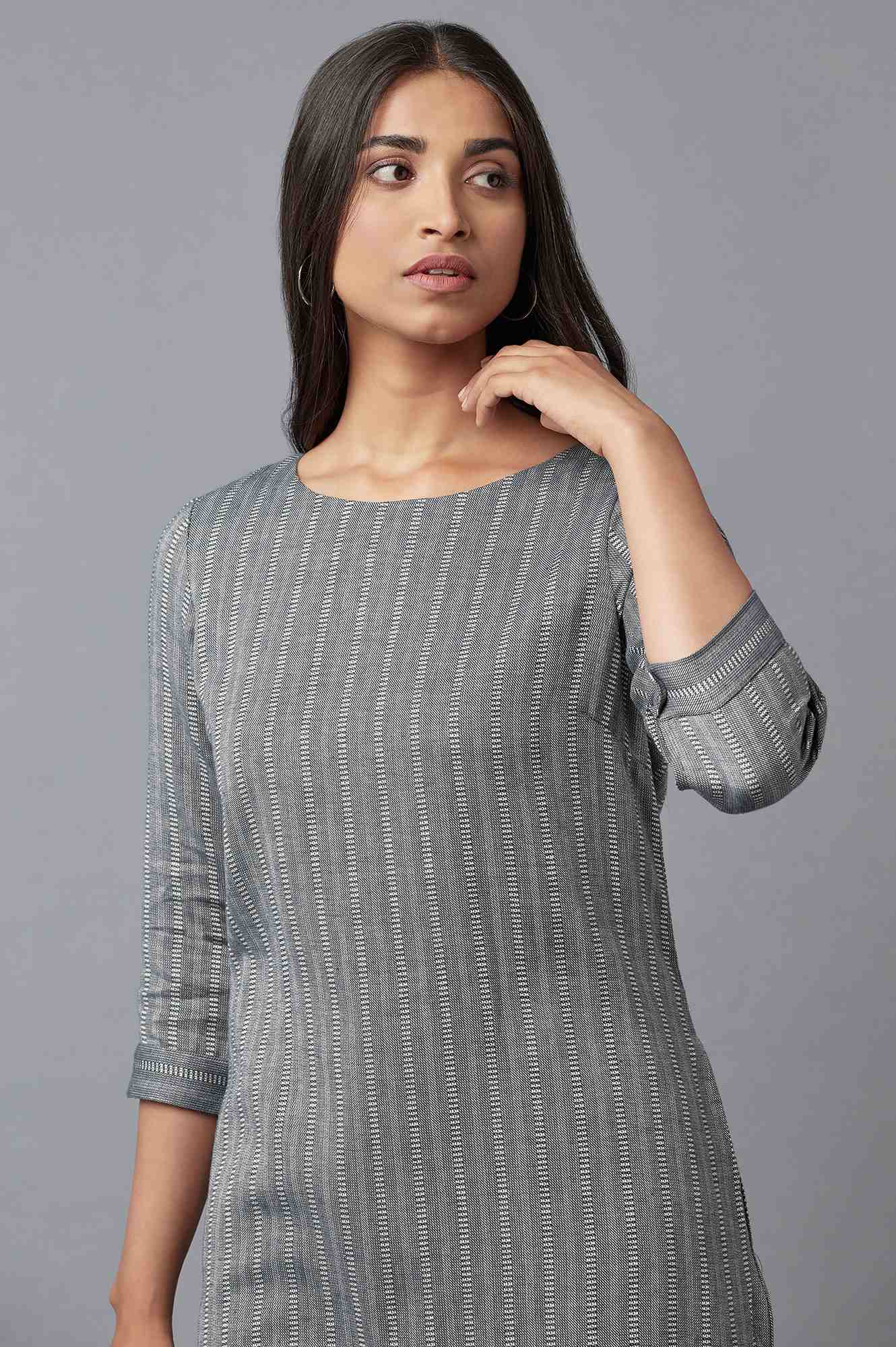W for Woman Dark Grey Cootton Textured Stripes Dress In Round Neck