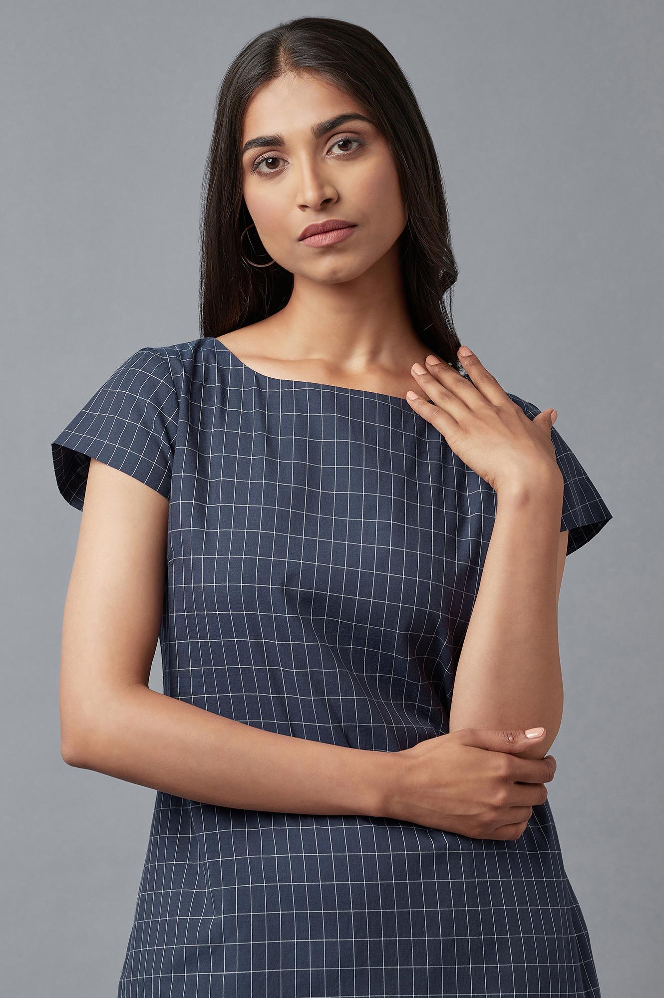 W for Woman Blue Checks Cotton Dress In Round Neck With Thread Embroidery