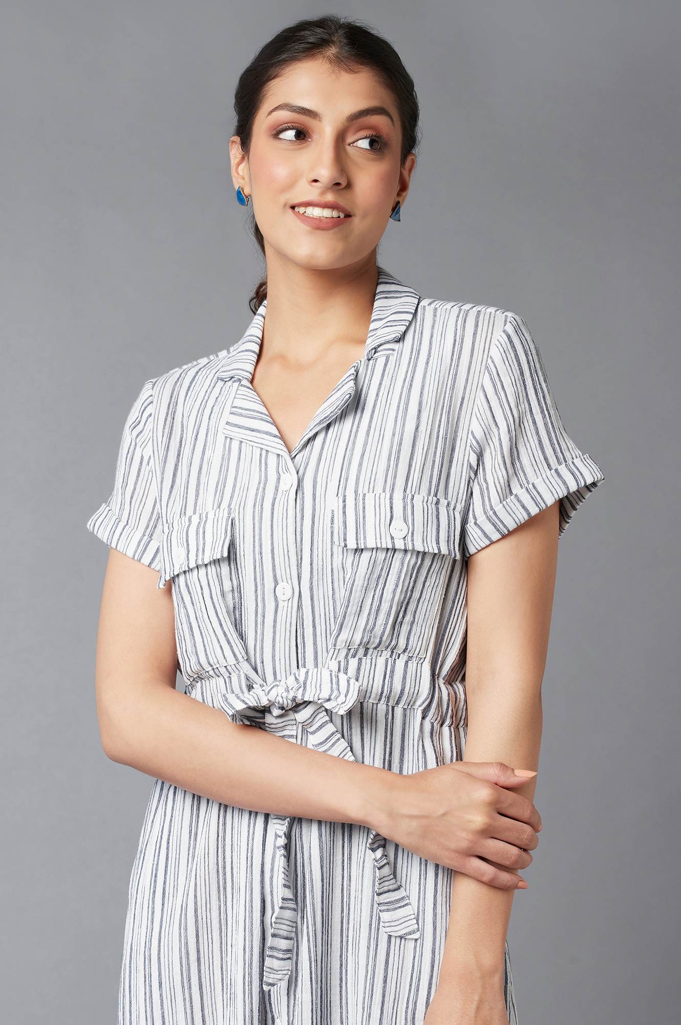 W for Woman Blue Stripe Print Lapel Collar Dress