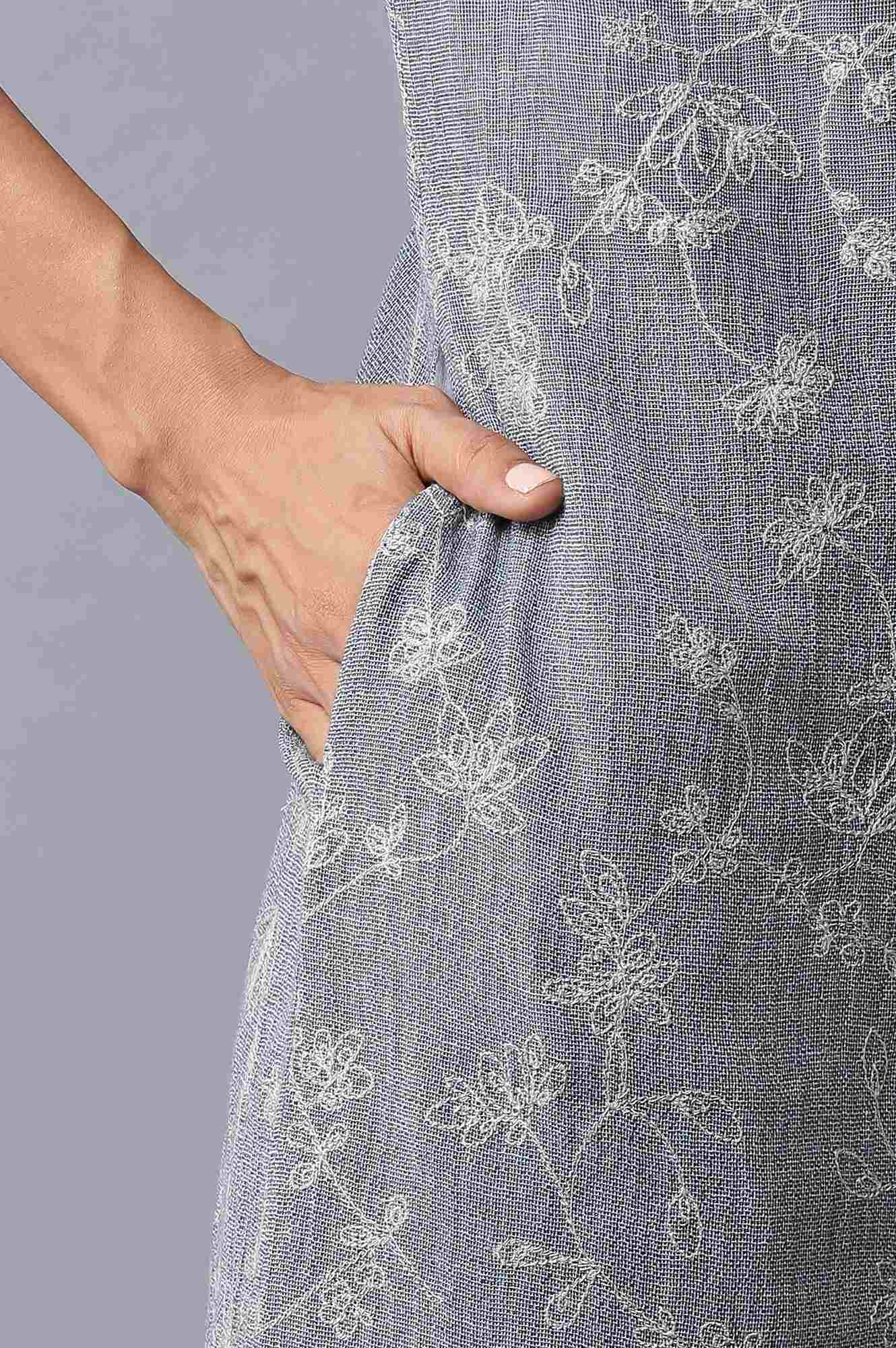 W for Woman Dark Grey Yarn-Dyed Western Dress In Round Neck