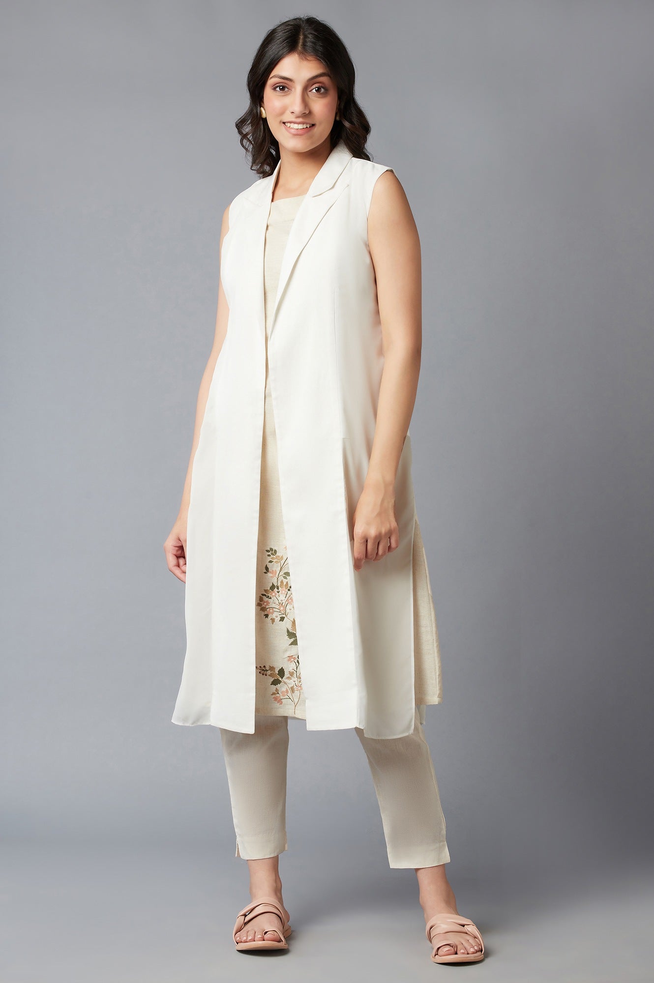 W for Woman White Straight Seer Sucker Lapel Collar Jacket