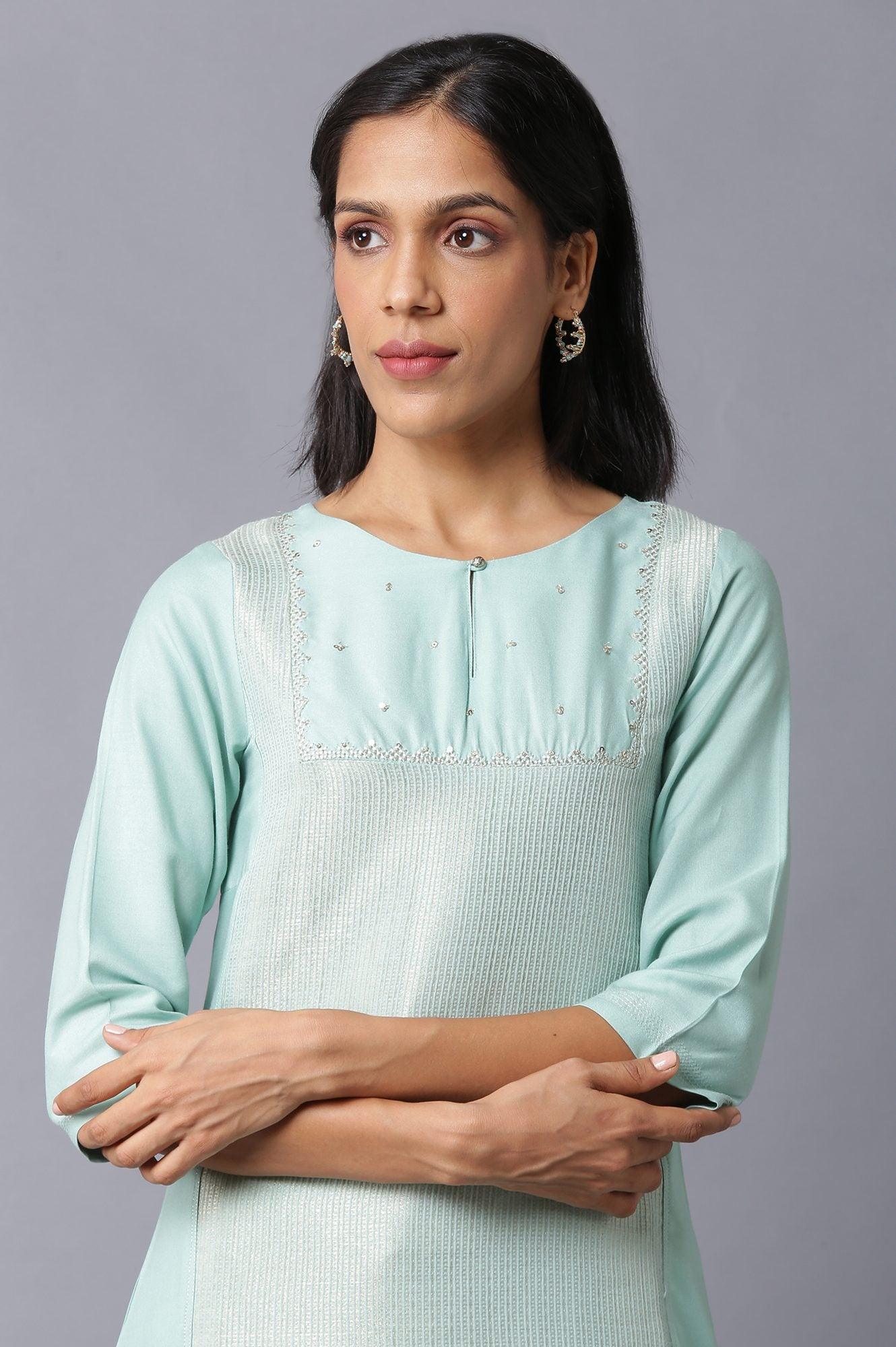 W for Woman Teal Blue Jacquard kurta With Embroidered Yoke