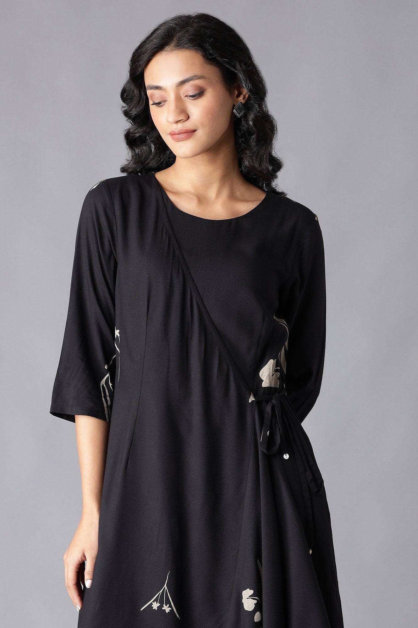 W for Woman Black Angrakha Jumpsuit in Round Neck