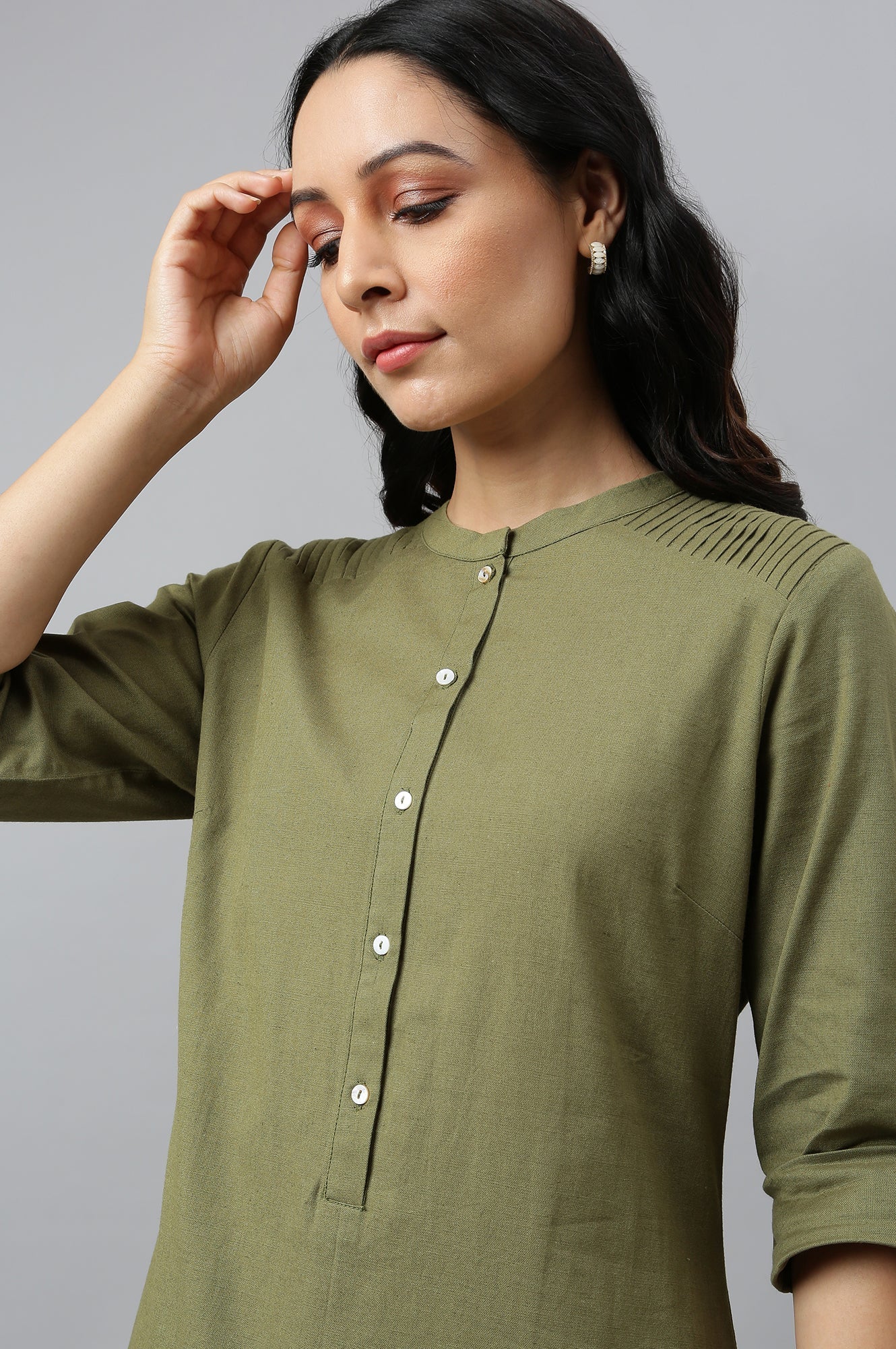 W for Woman Green Half Placket Shirt kurta