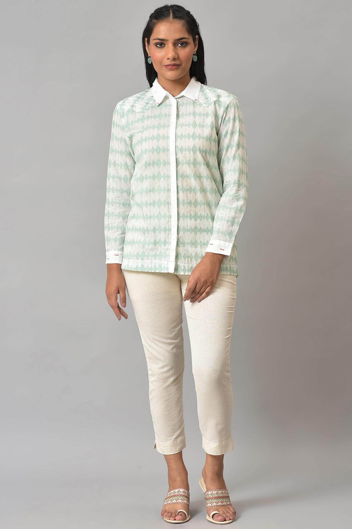 W for Woman White And Green Dobby Textured Shirt