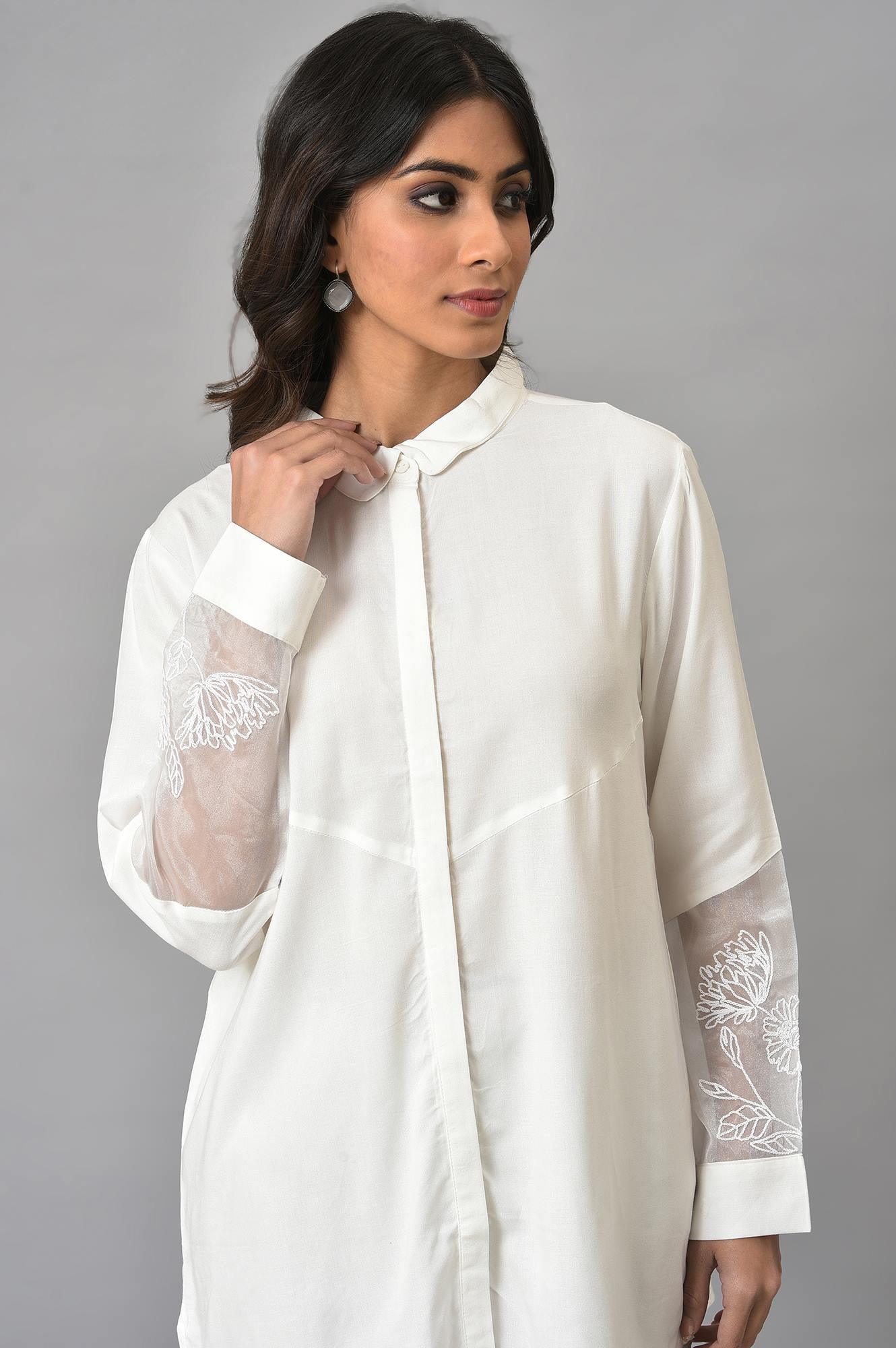 W for Woman White Panelled Shirt With Embroidered Organza Sleeves