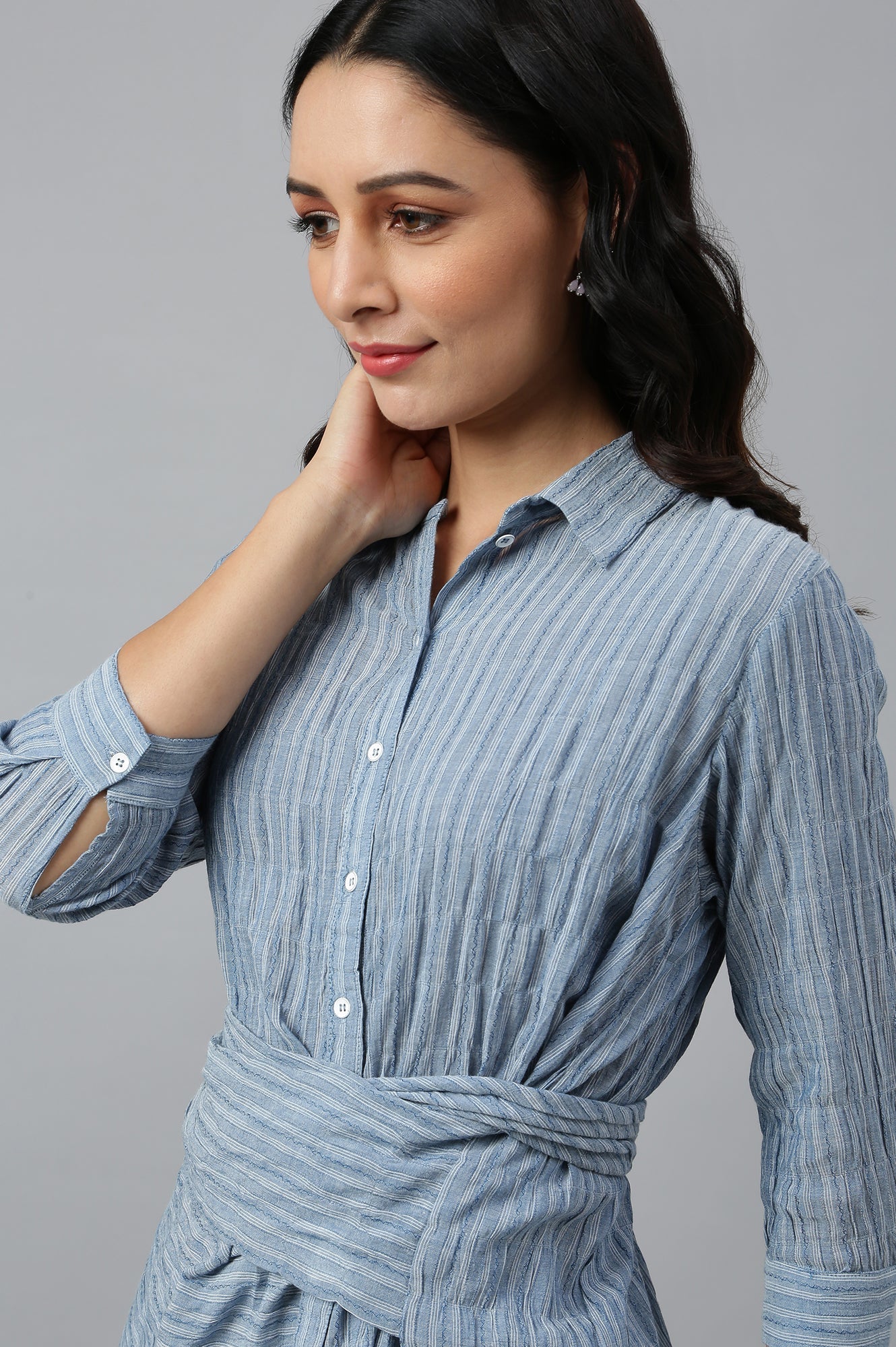 W for Woman Light Blue Cotton Stripes Shirt With Front Knot