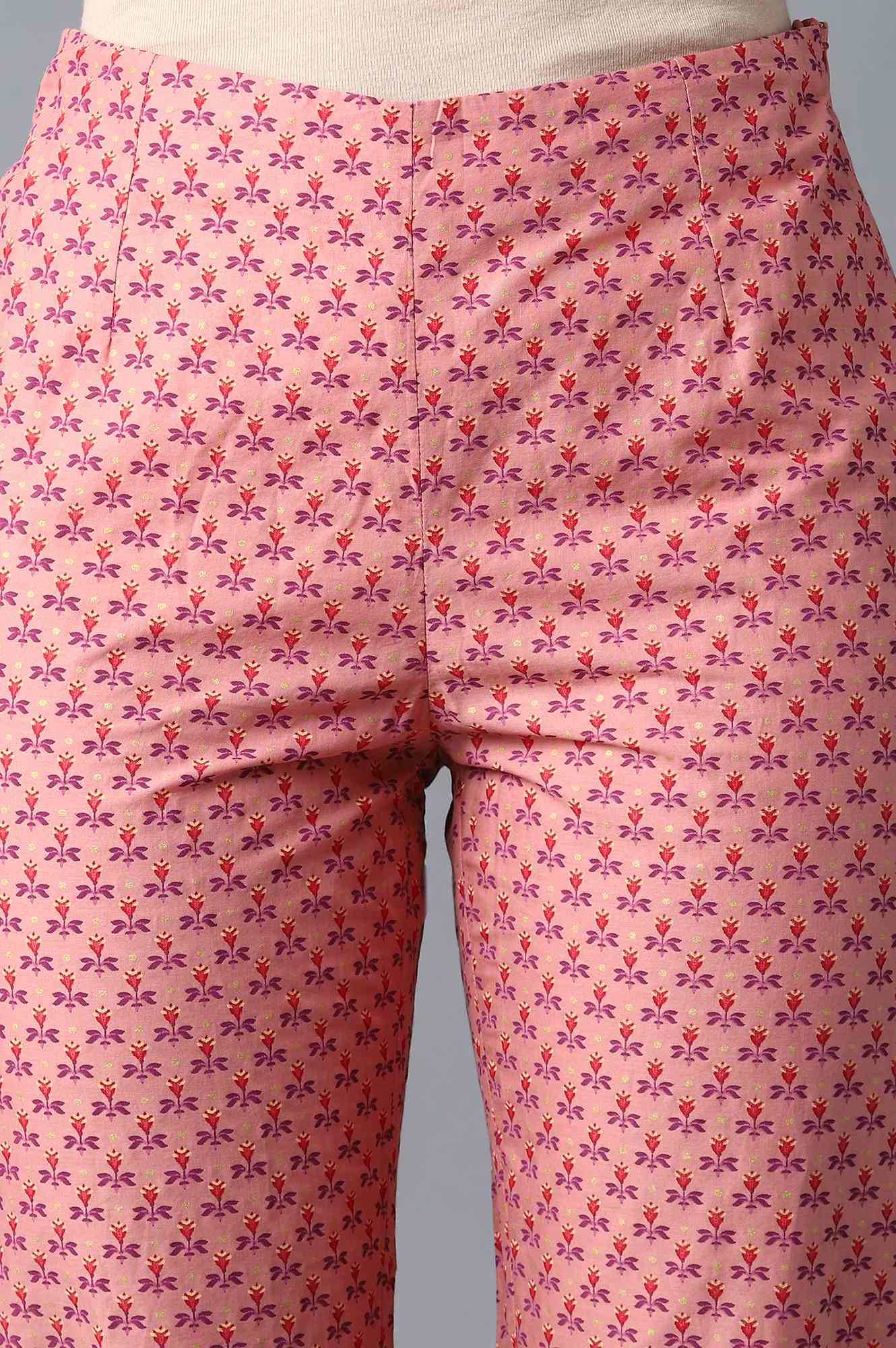 W for Woman Peach Floral Printed Cotton Slim Pants