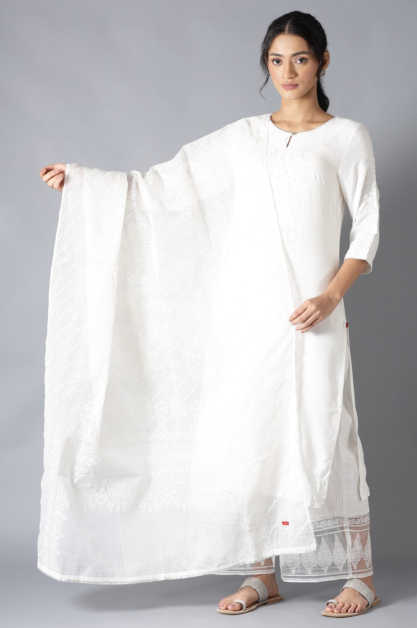 W for Woman Ecru Kota Printed Dupatta