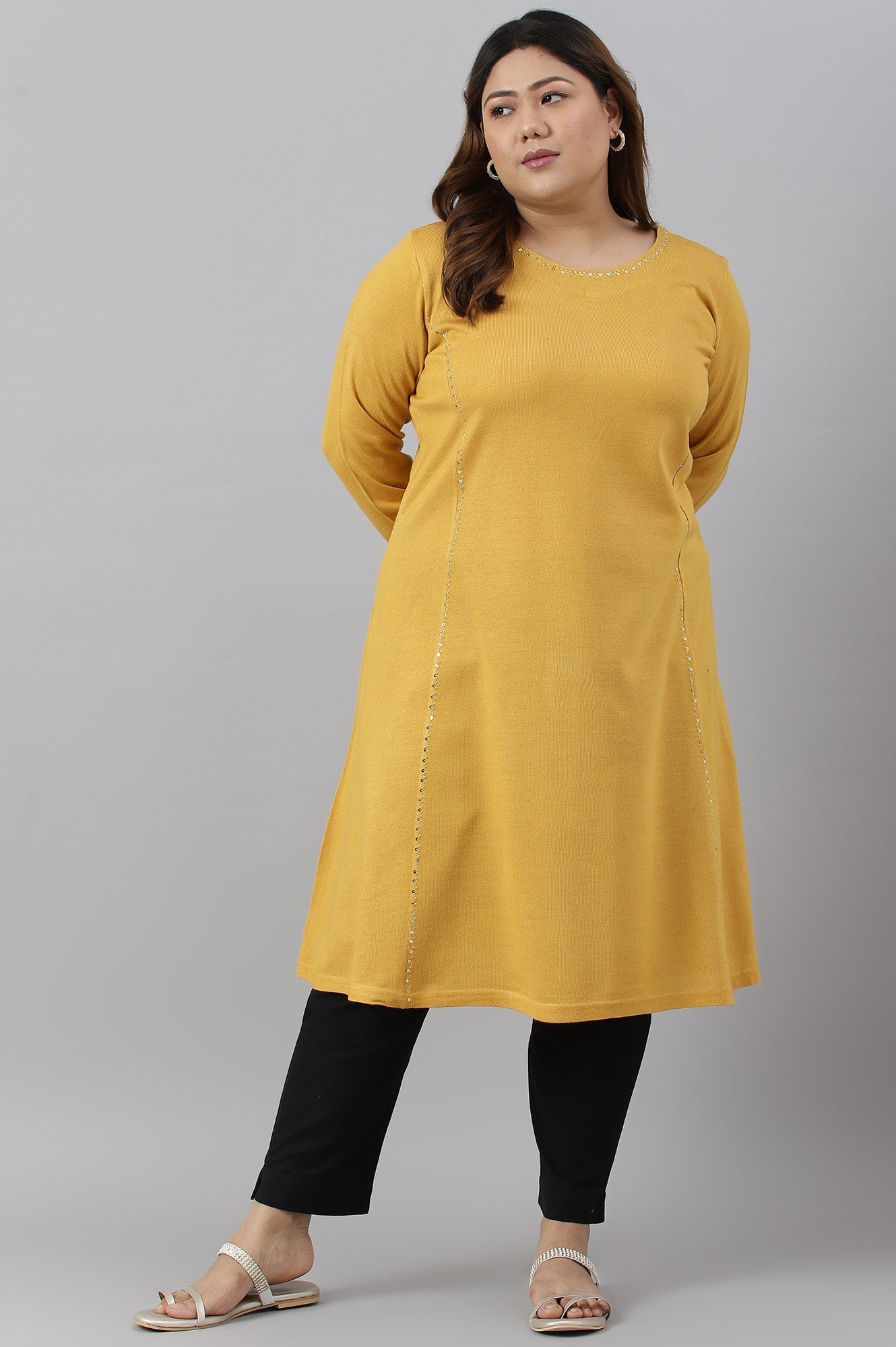W for Woman Plus Size Yellow A-Line Embroidered Winter kurta