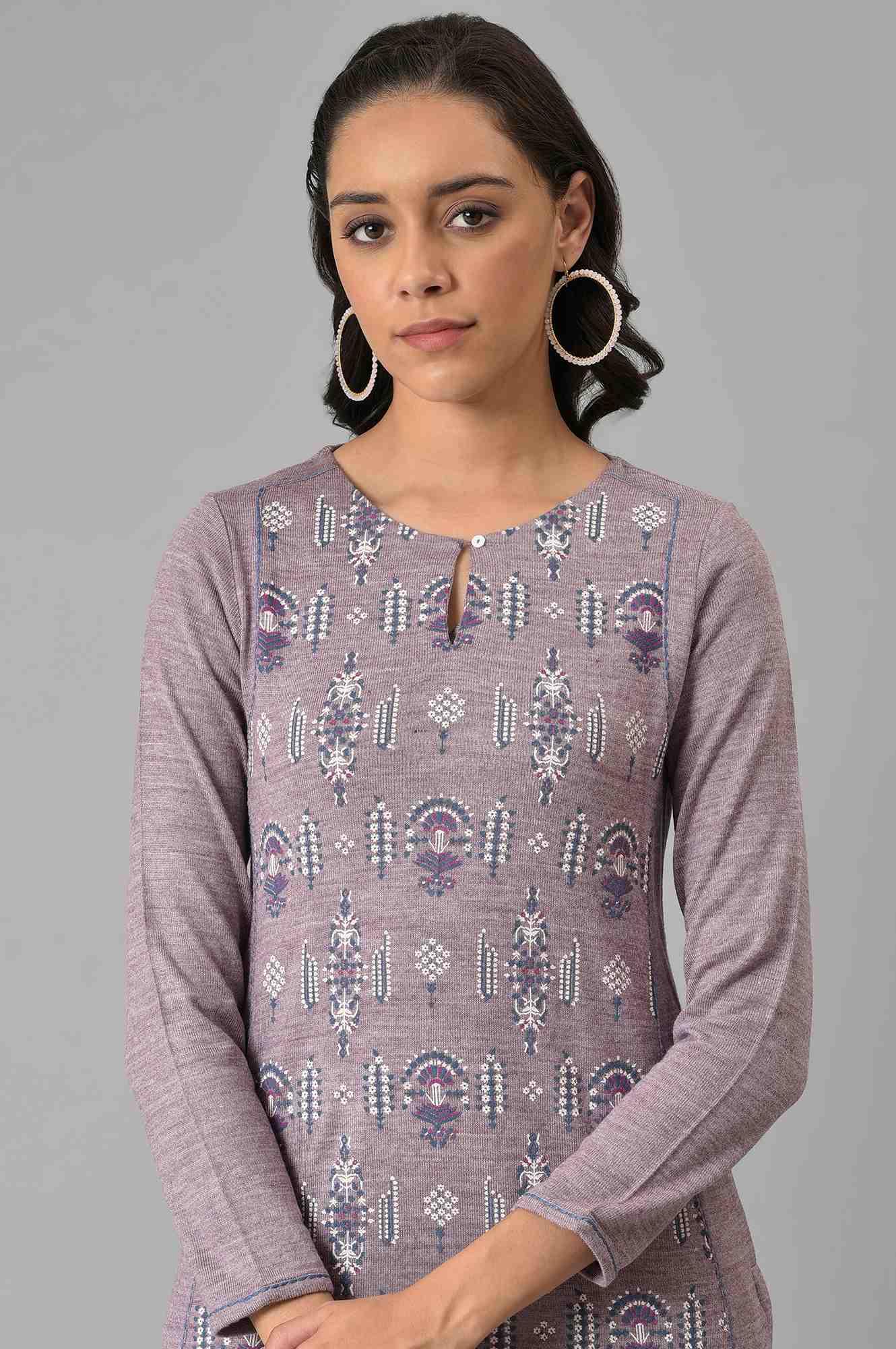 W for Woman Purple A-Line Floral Printed Plus Size Winter Kurta