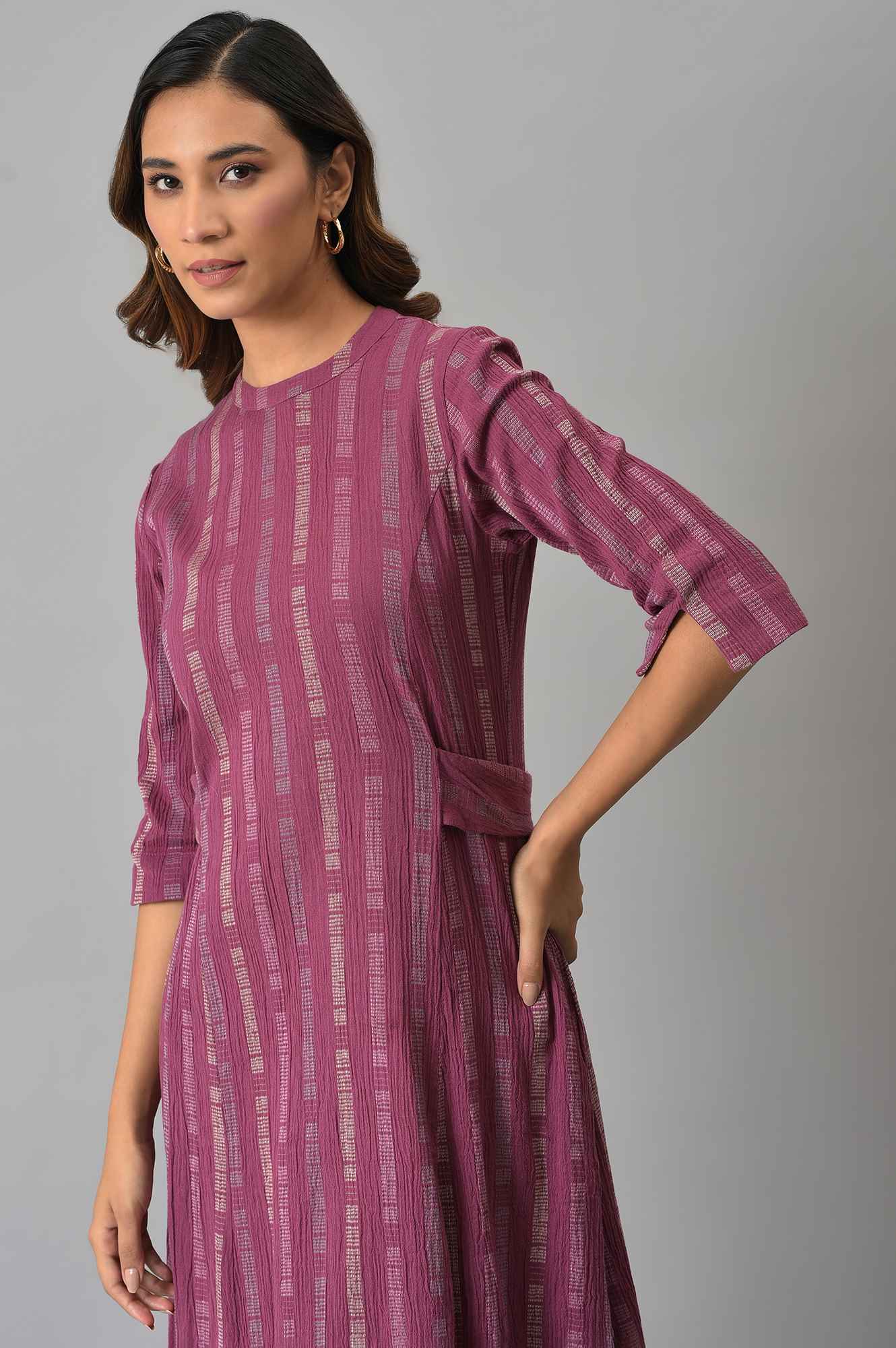 W for Woman Purple Geometric Print Cross Hatch Belt Dress