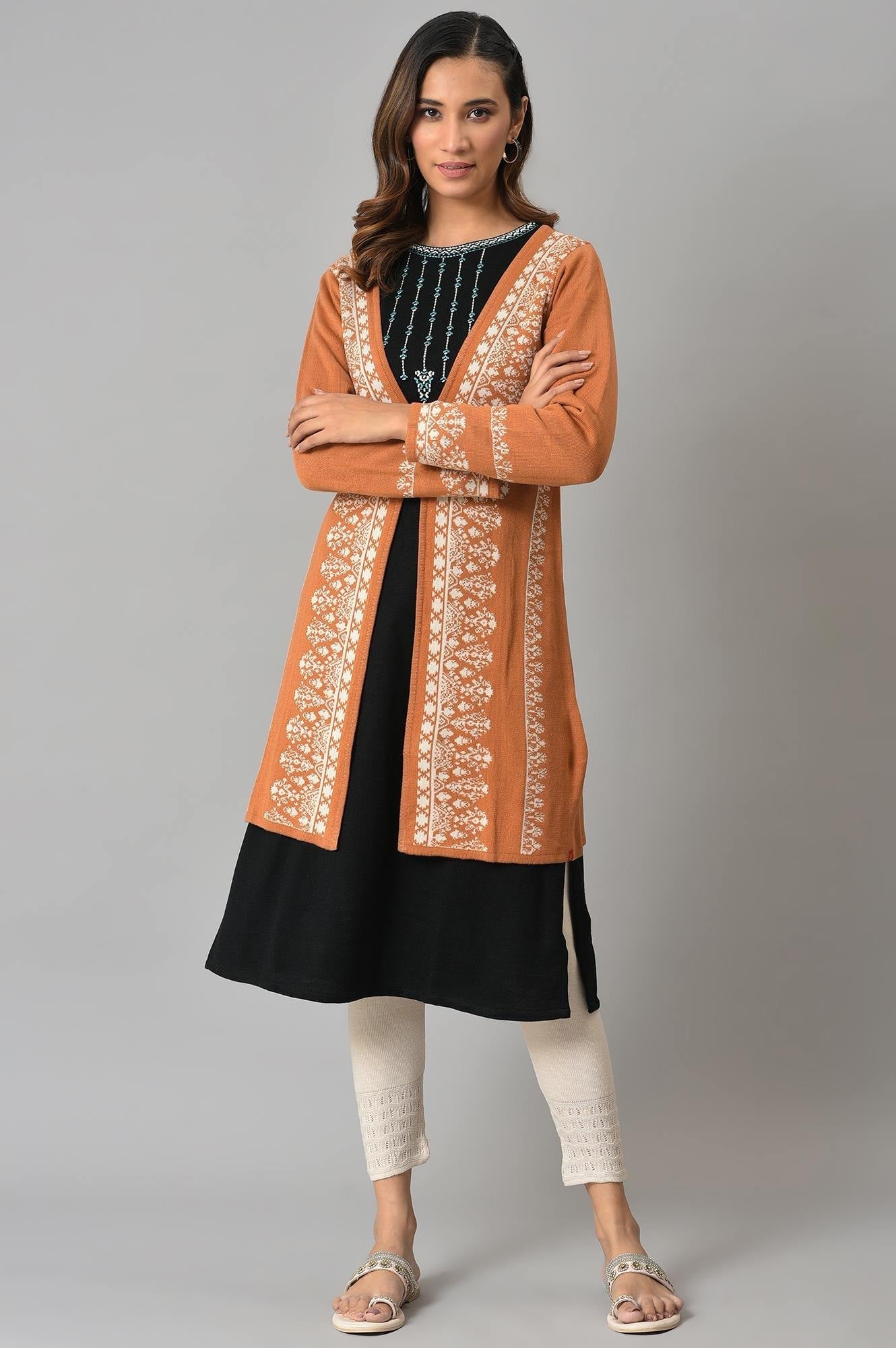 W for Woman Orange Geometric Printed Reversible Cardigan