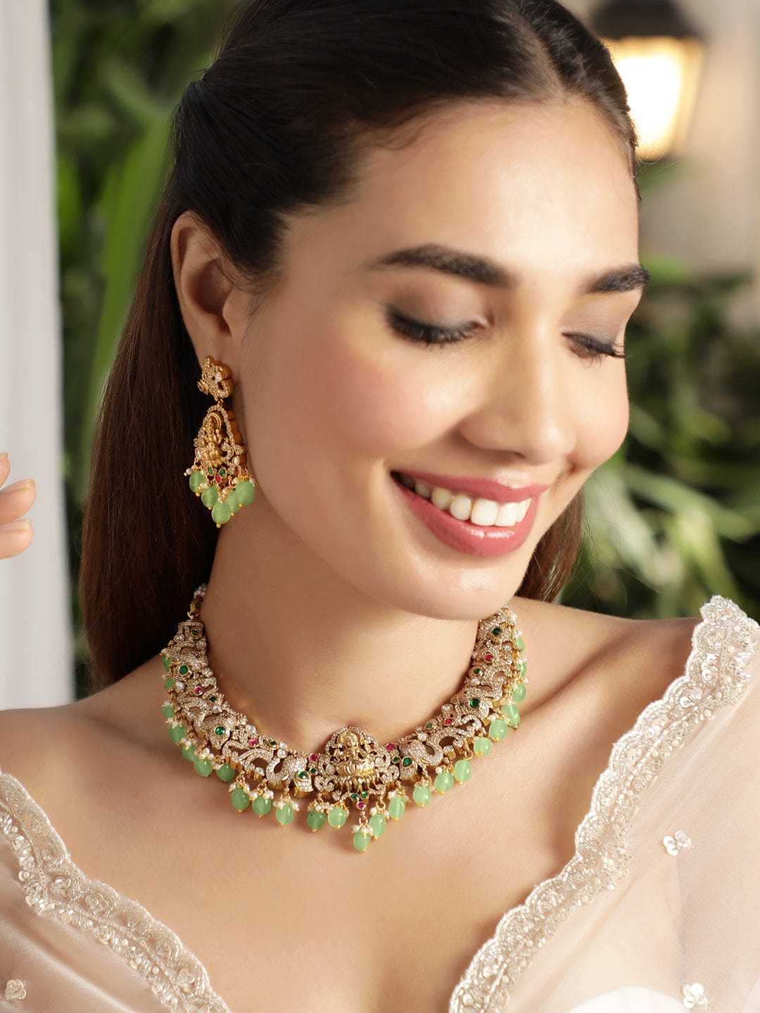 American Diamond Zirconia Green Beaded Temple Necklace Set