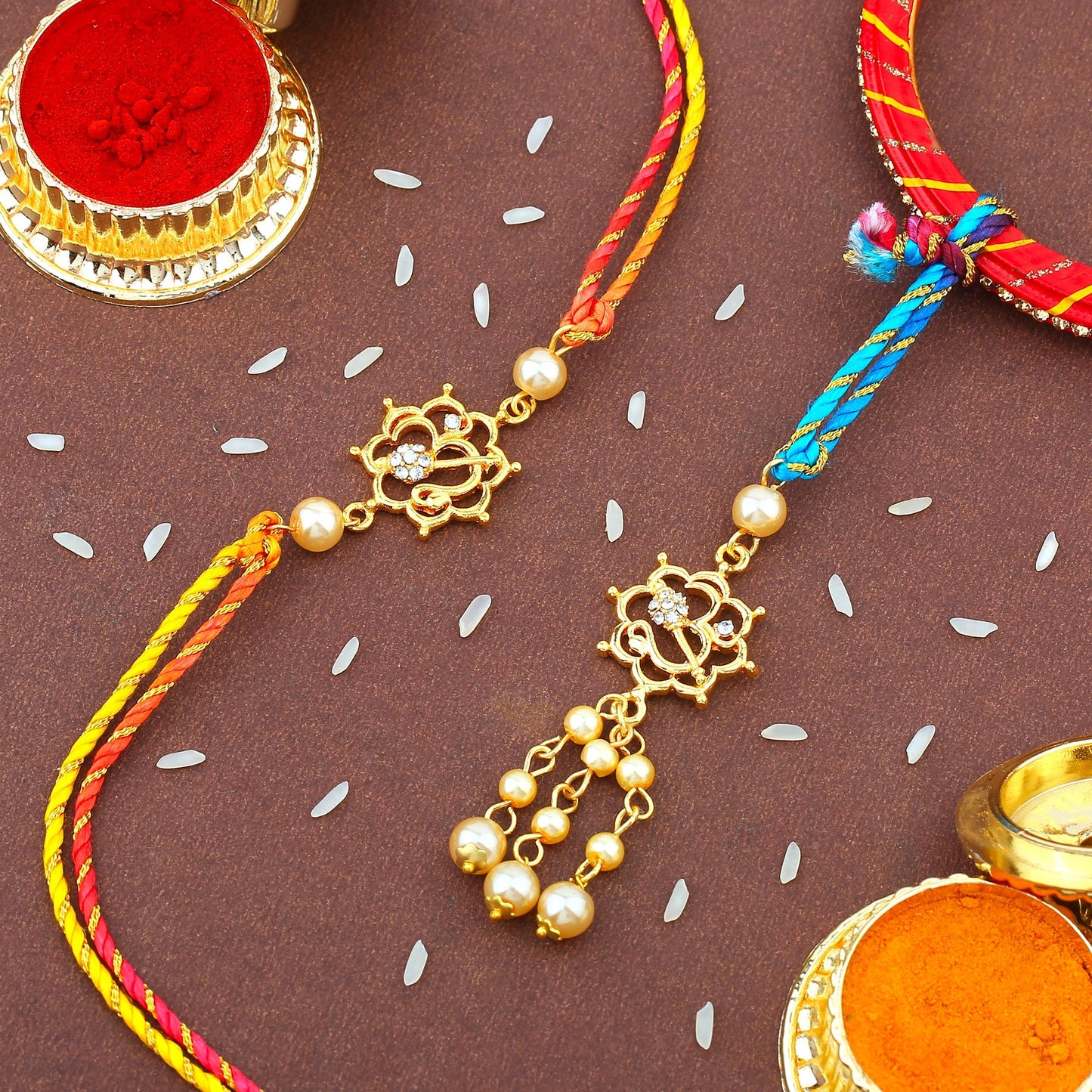 Gold Om Floral Pearl Bhaiya Bhabhi Rakhi