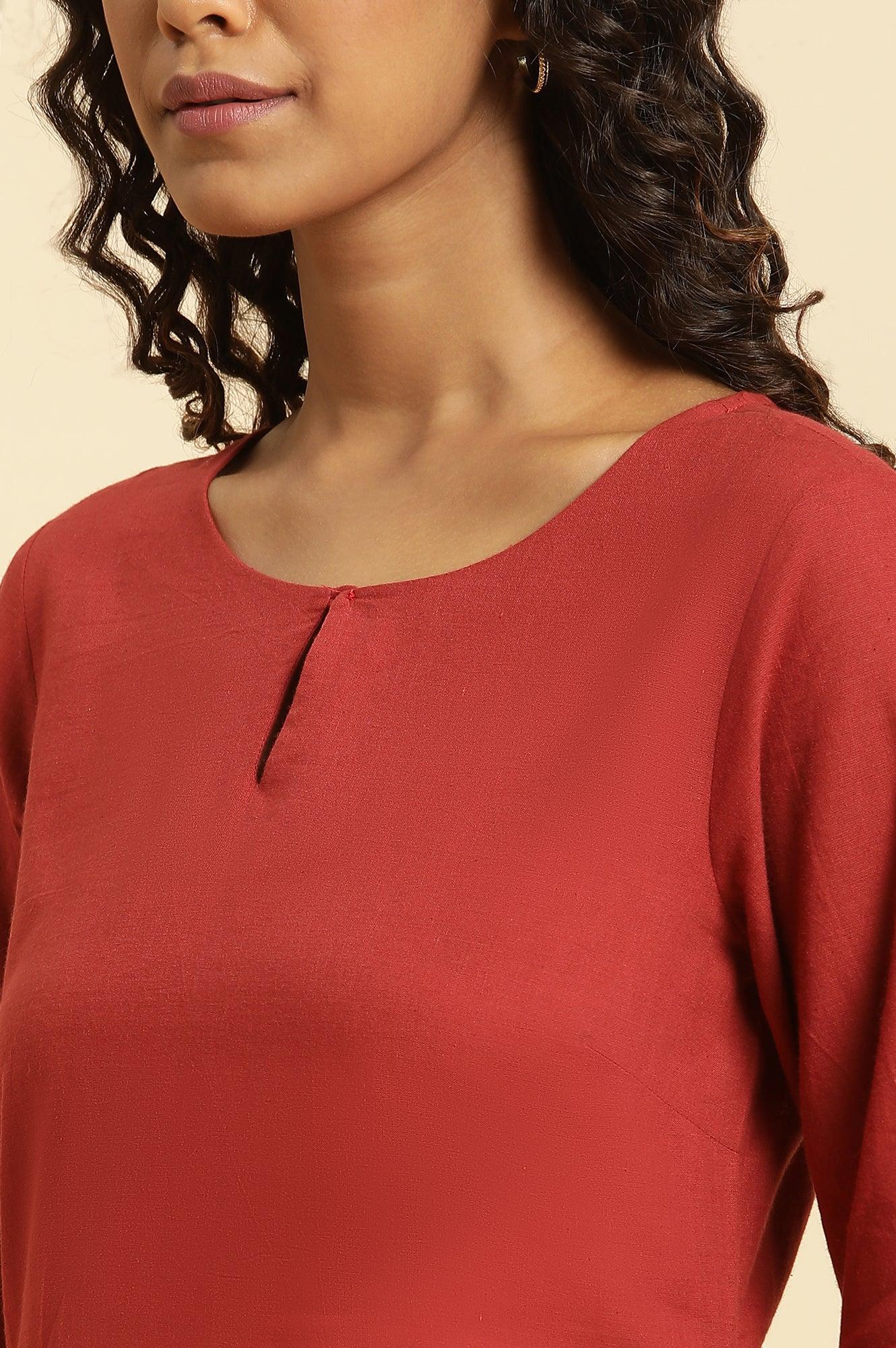 W for Woman Rust Red Solid Cotton Straight Kurta