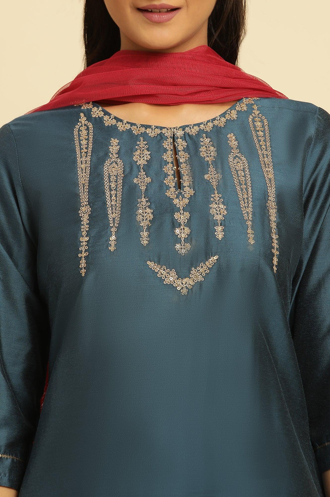 W for Woman Blue Embroidered Shantung Kurta, Pants And Dupatta Set