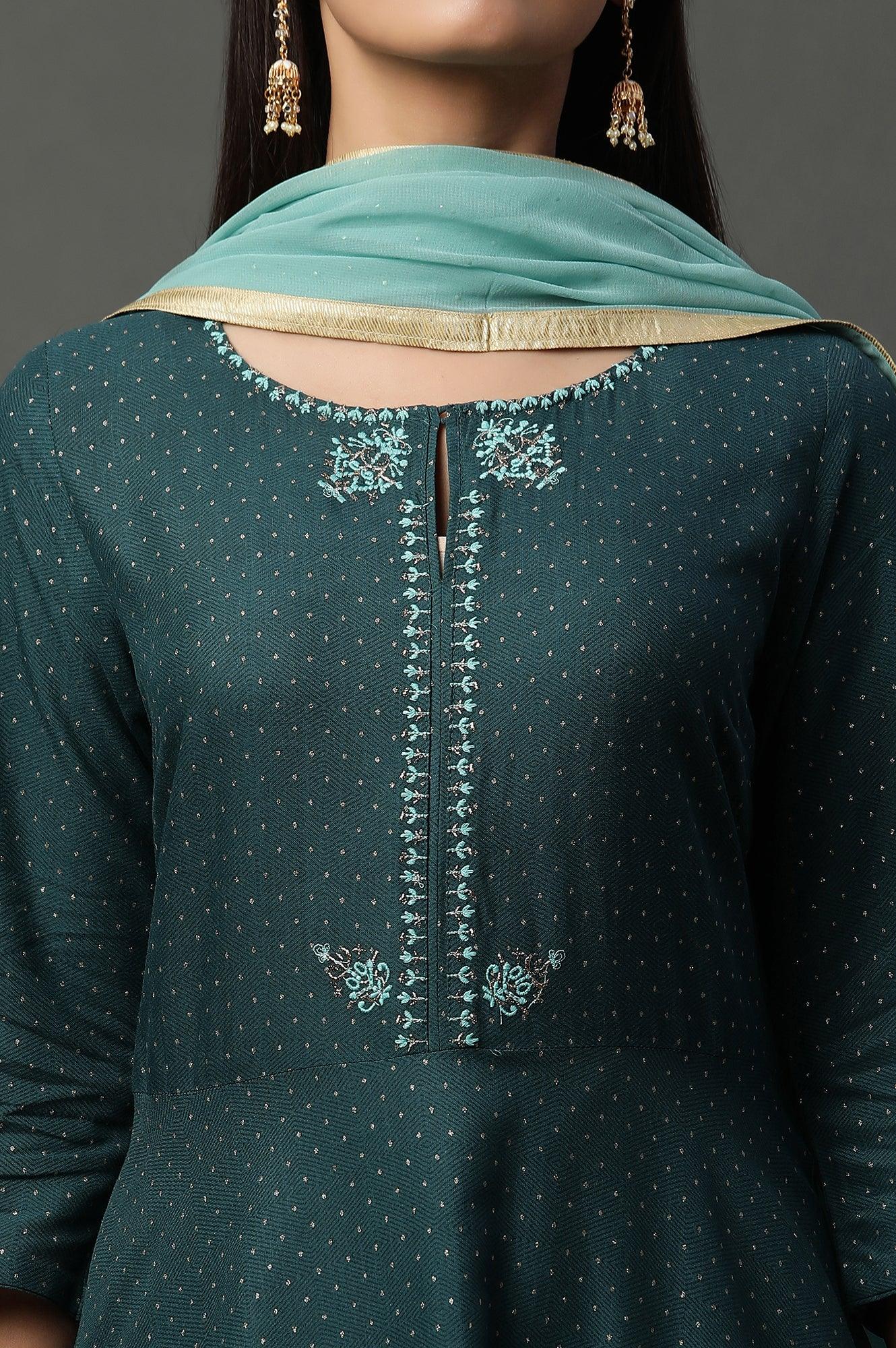 W for Woman Teal Green Embellished Flared Kurta, Pants And Dupatta Set