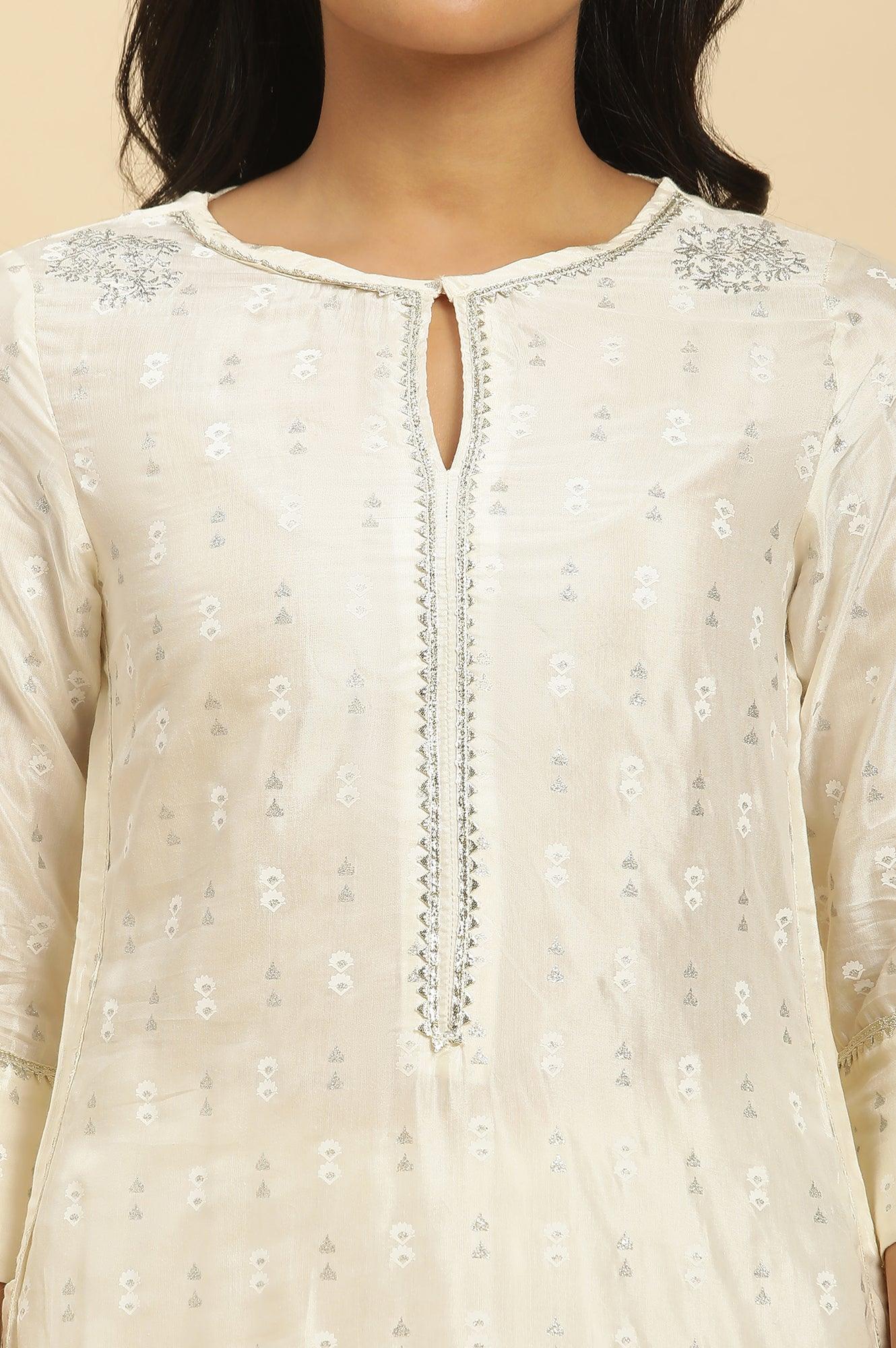 W for Woman White Floral Glitter Printed Shantung Kurta And Pants Set