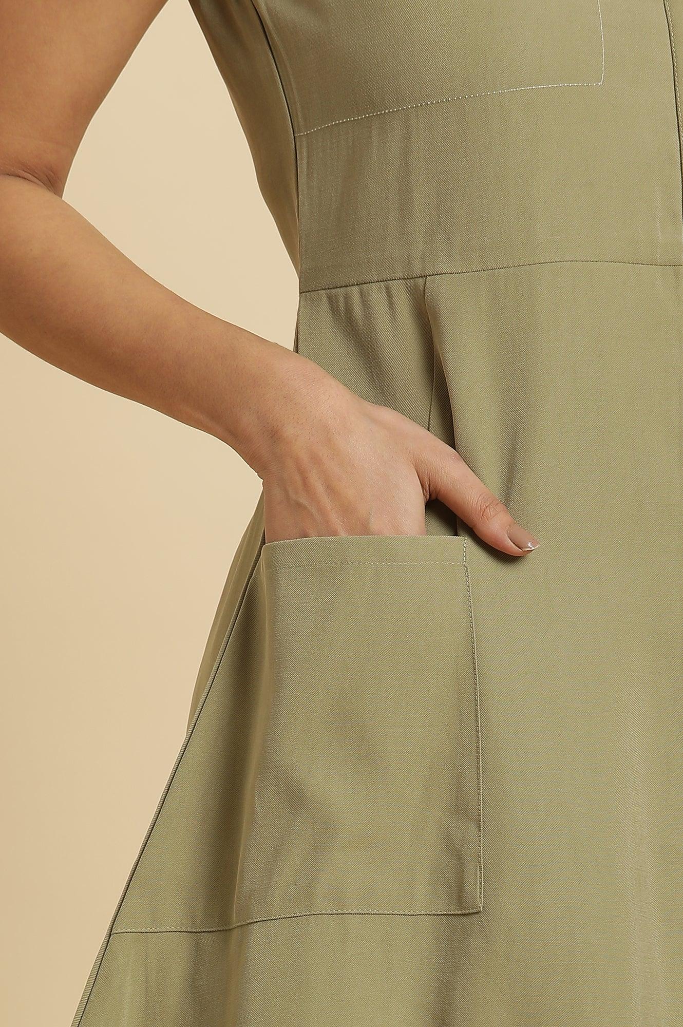 W for Woman Green Solid A-Line Tailored Long Dress