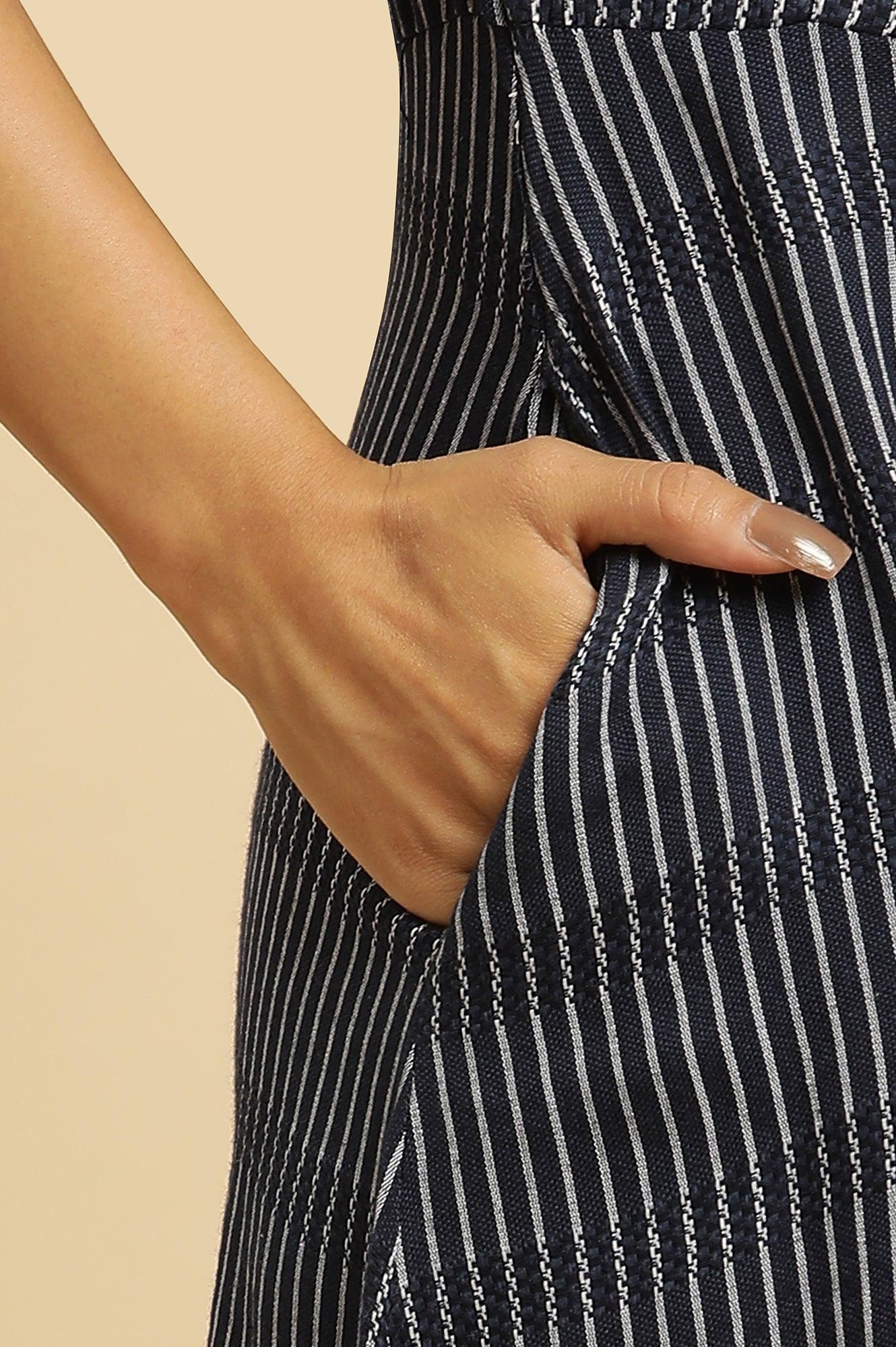 W for Woman Navy Stripes Fit And Flare Dress With Embroidered Neck