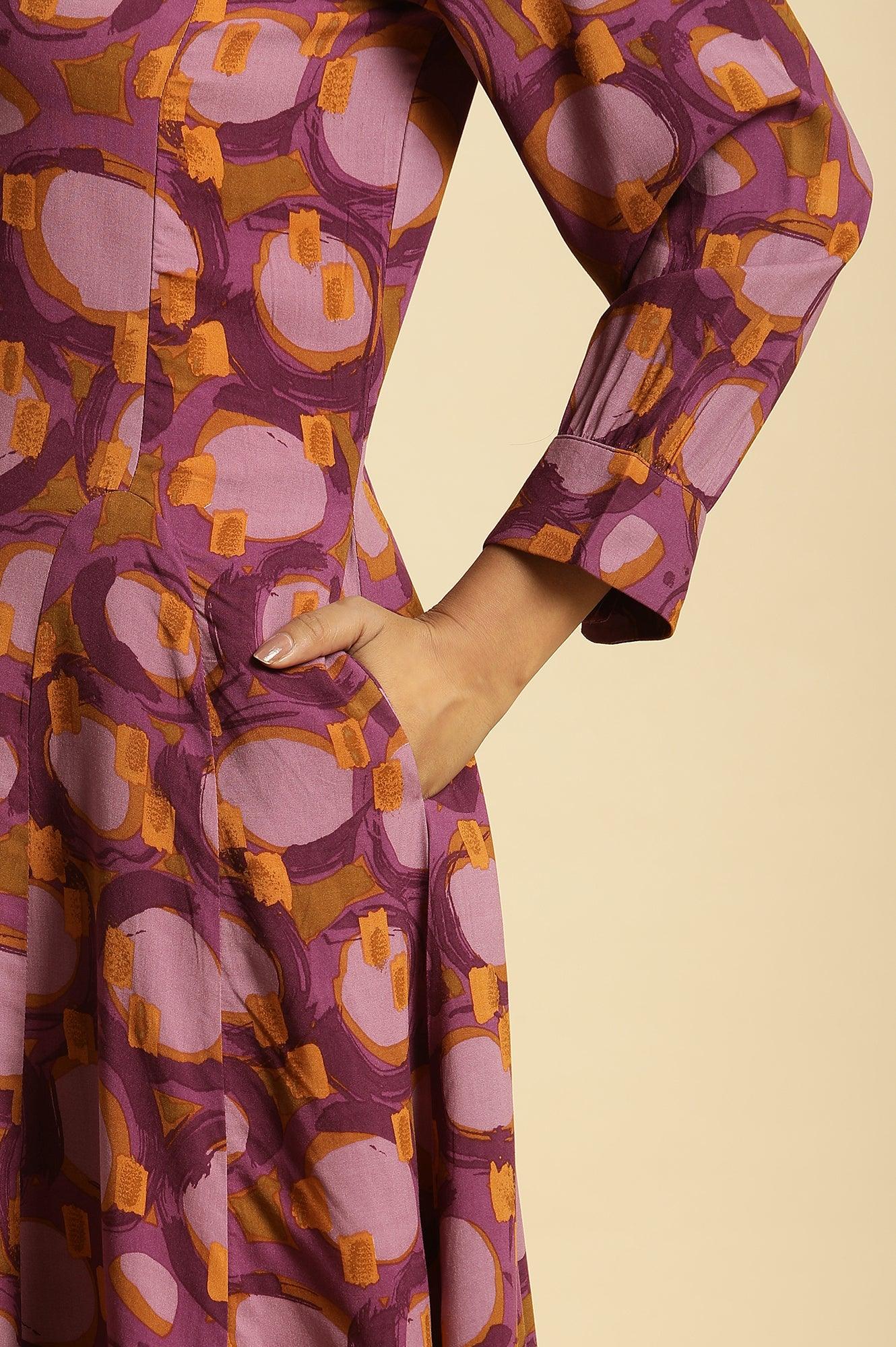 W for Woman Purple Abstract Printed A-Line Western Dress