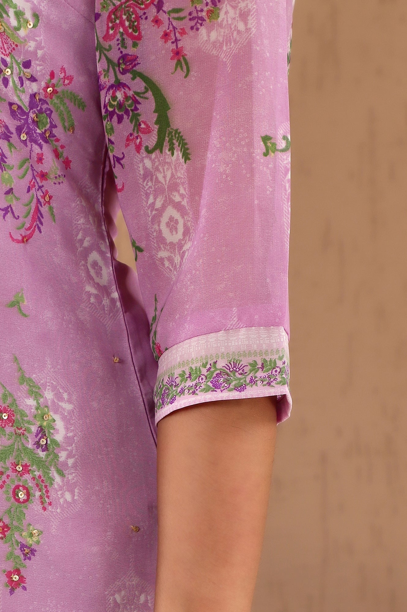 W for Woman Purple Floral Printed Metallic Sequined Organza Festive Straight Kurta