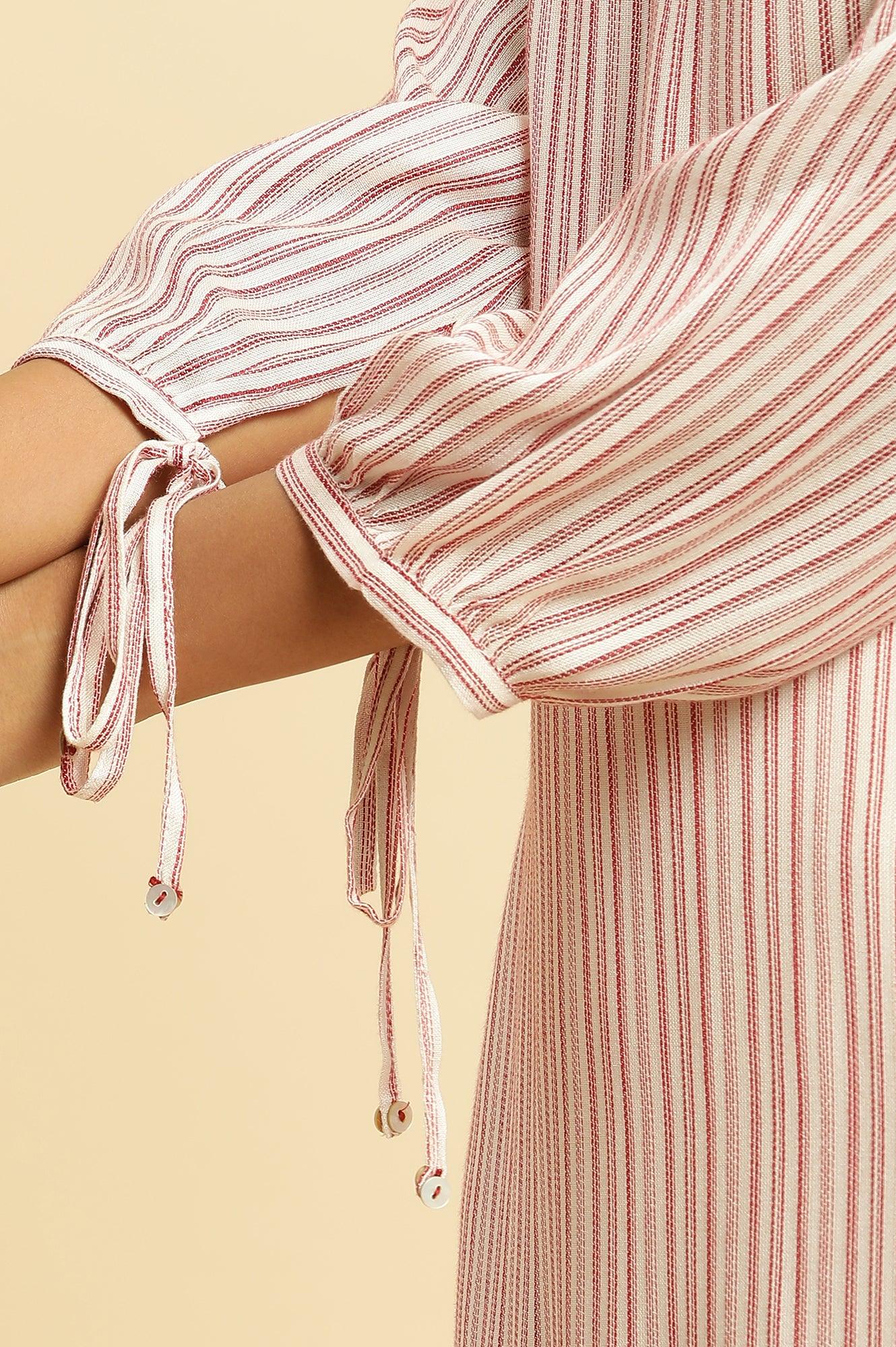 W for Woman Red and White Striped Schiffli Embroidered Straight Kurta
