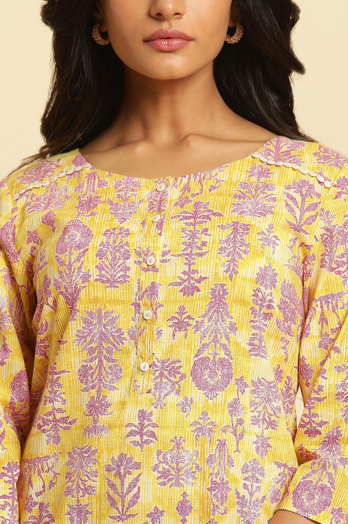 W for Woman Yellow Floral Printed Straight Kurta