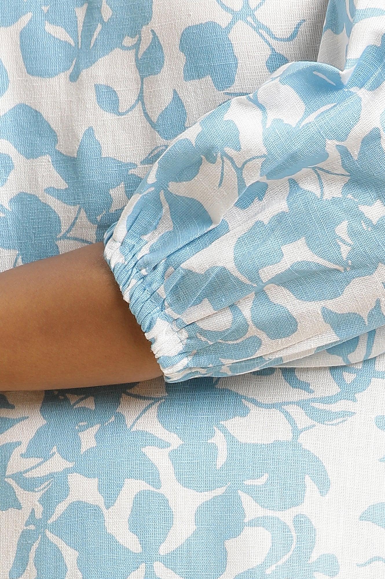 W for Woman White And Blue Floral Printed Flared Long Dress