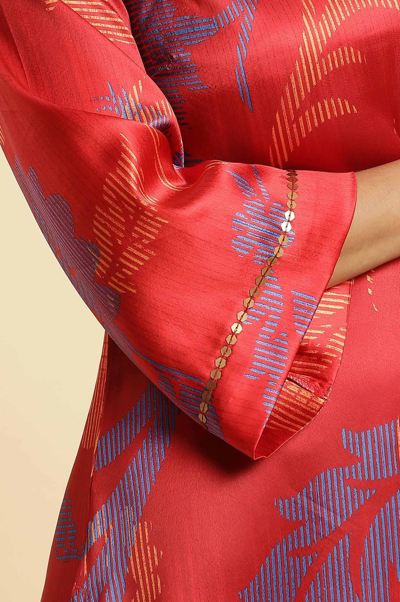 W for Woman Red Bold Floral Printed Satin A-Line Kurta