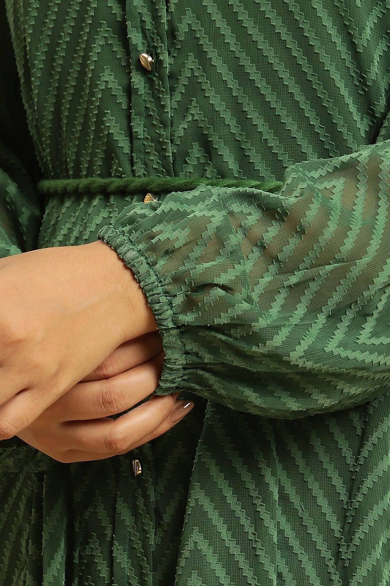 W for Woman Green Shirt Collar Flared Western Dress