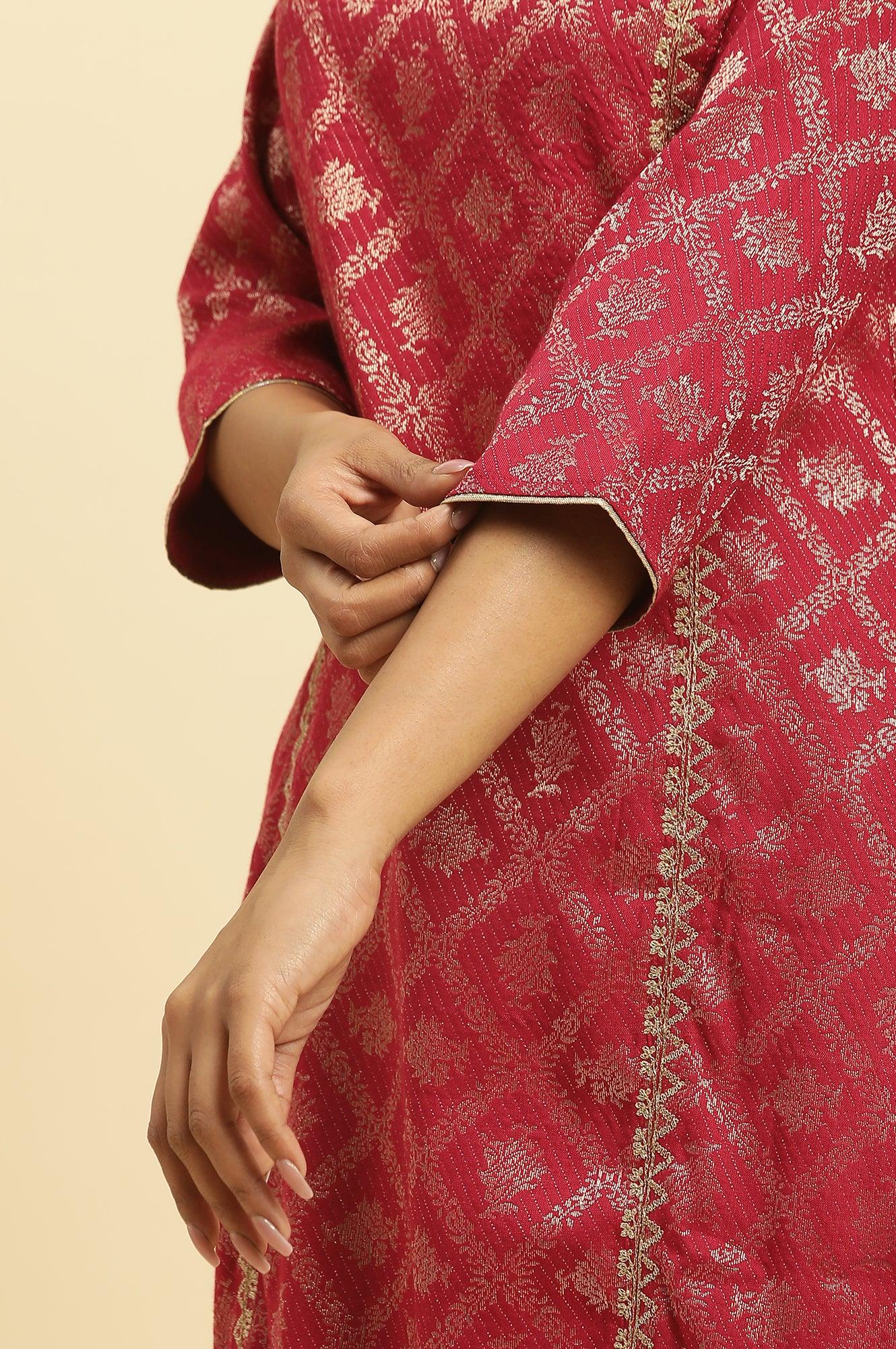 W for Woman Red Rayon Jacquard Sequined Festive Kurta