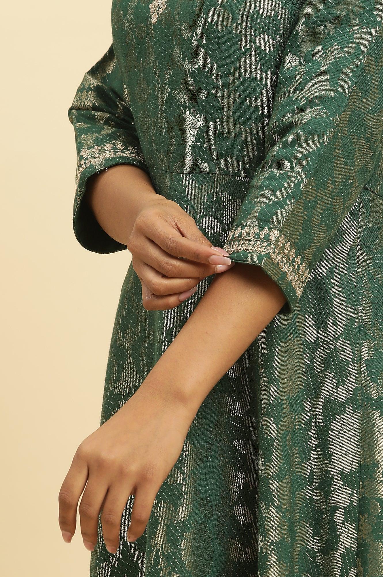 W for Woman Green Jacquard Embroidered Ethnic Dress