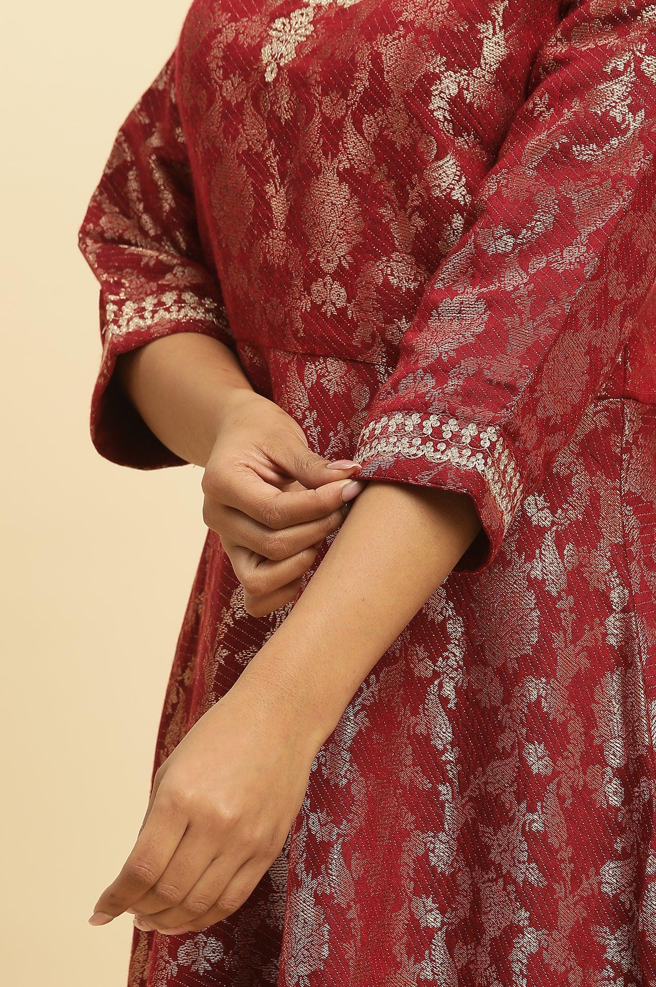 W for Woman Red Jacquard Embroidered Cotton Silk A-Line Ethnic Dress